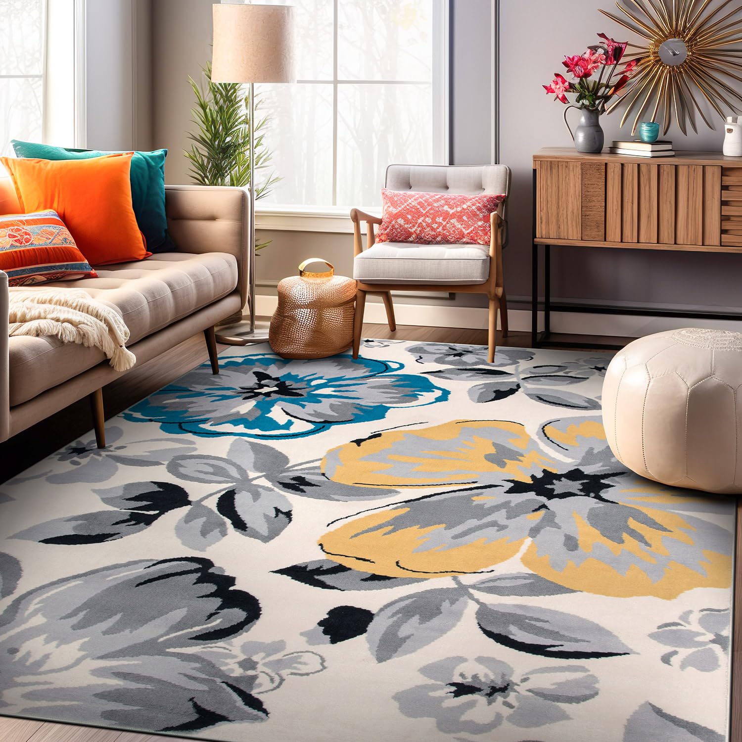 Rugshop Modern Floral Design Area Rug for Living Room,Bedroom,Home Office,Kitchen Non Shedding Area Rug 9 X 12 Cream