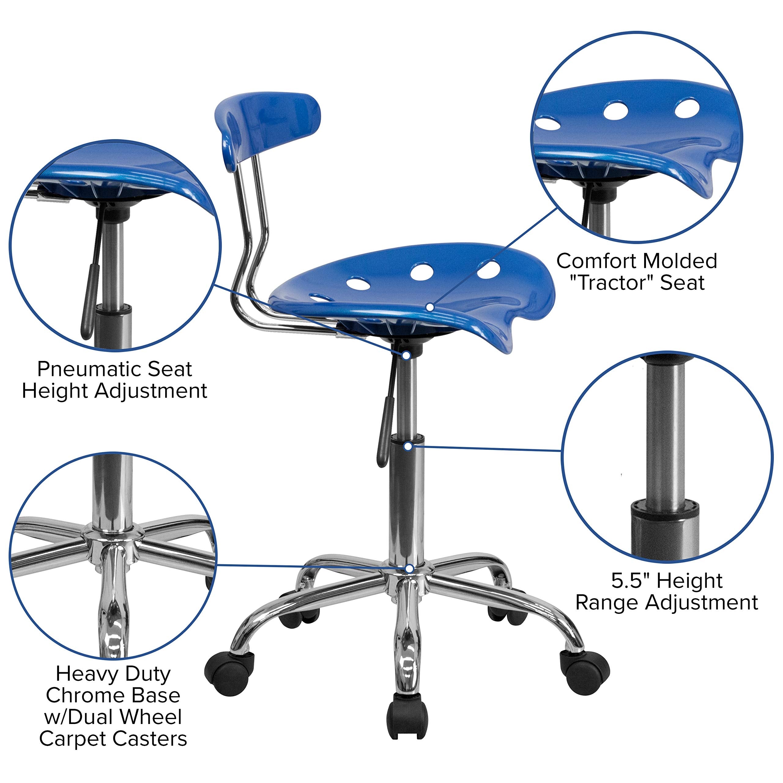 Flash Furniture Elliott Vibrant Bright Blue and Chrome Swivel Task Office Chair with Tractor Seat