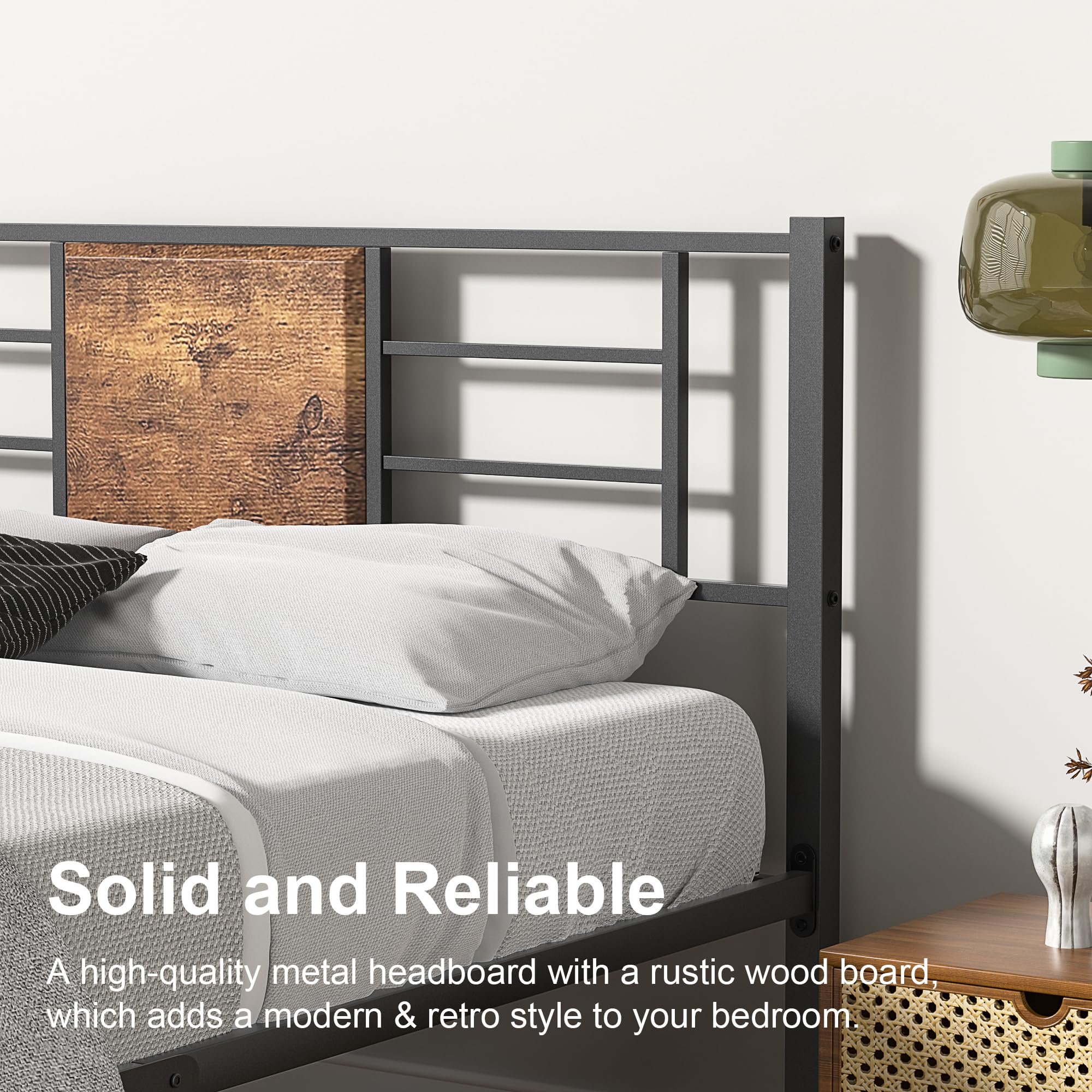 Vecelo Queen Size Bed Frame With Headboard, Heavy-Duty Platform With Steel Slats Support, No Box Spring Needed/Easy Assembly, Matte Black & Brown