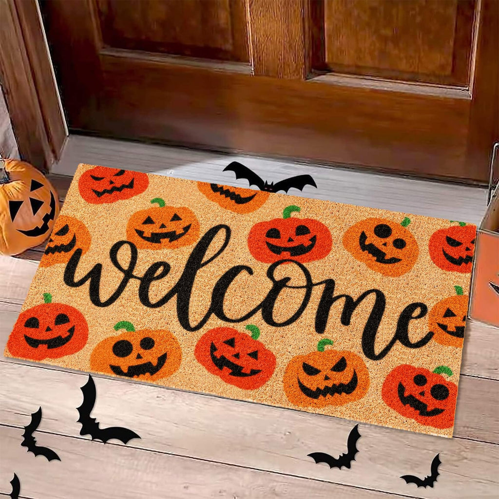 Jarthenaamcs Halloween Natural Coir Doormat Red Orange Evil Pumpkin Welcome Floor Mat Non-Slip Entrance Door Rugs For Indoor Out