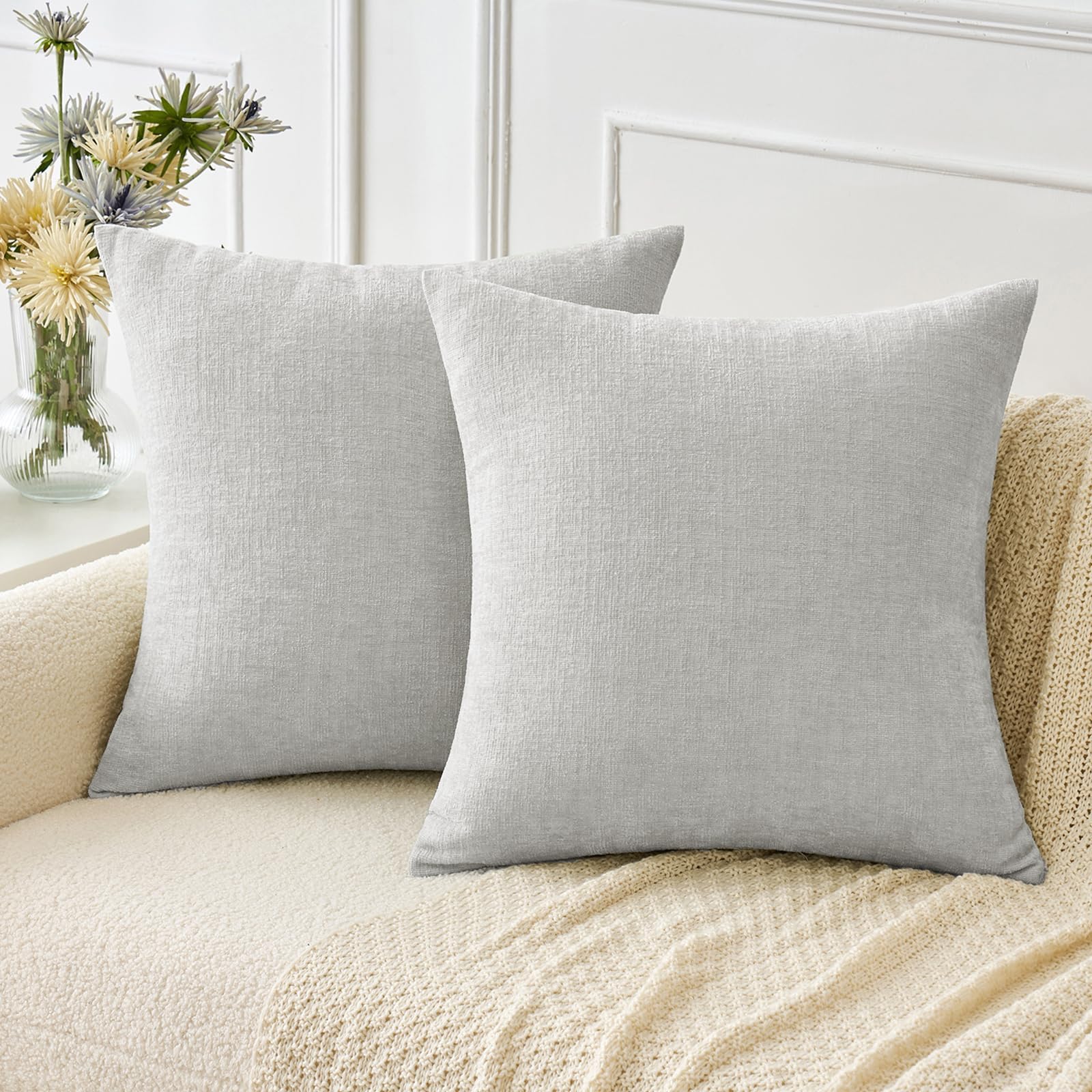 Miulee Pack Of 2 Light Gray Throw Pillow Covers 18X18 Inch Soft Chenille Pillow Covers For Sofa Living Room Couch Solid Dyed Cas