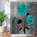LIVILAN Teal Shower Curtain, Turquoise Shower Curtain, Gray Shower Curtain Rose Fall Raindrop Dark Blue Floral on Grey Shower Cu