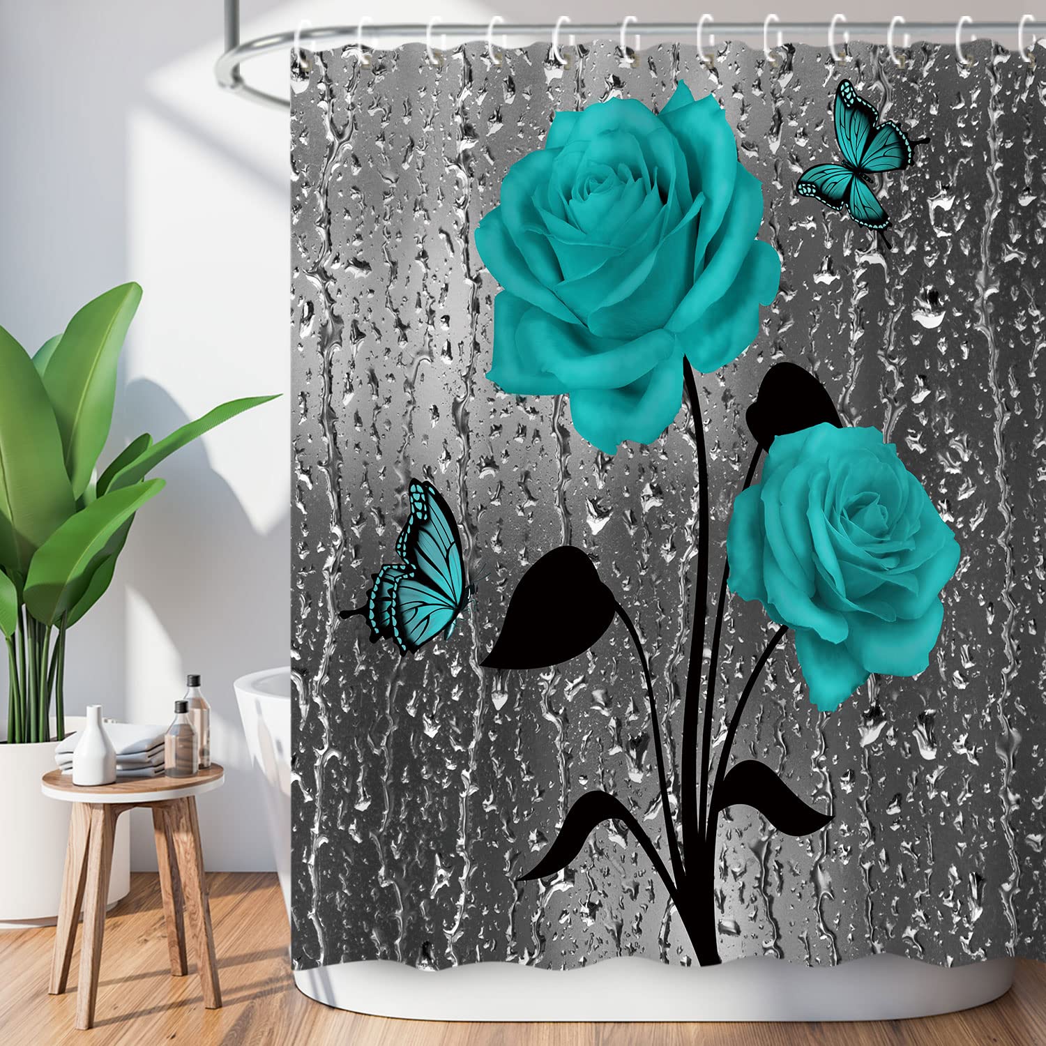 LIVILAN Teal Shower Curtain, Turquoise Shower Curtain, Gray Shower Curtain Rose Fall Raindrop Dark Blue Floral on Grey Shower Cu