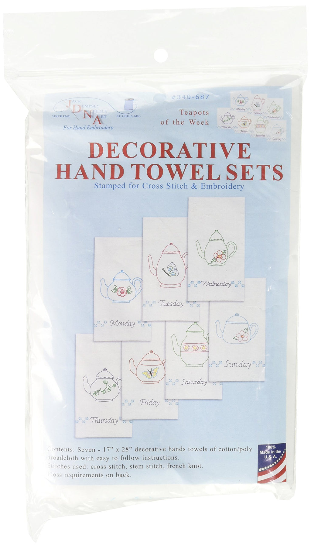 Jack Dempsey Needle Art Jack Dempsey 340-687 Stamped Decorative Hand Towels (Set of 7), 15'' x 30'',Teapots of The Week, White