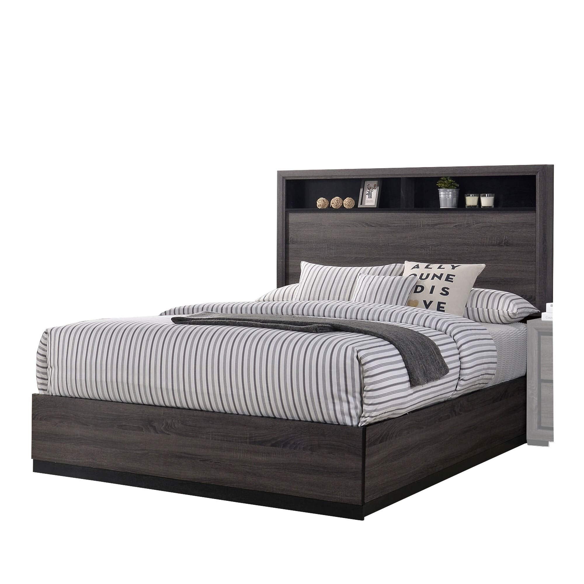 Benjara Transitional Wooden Queen Size Platform Bed with Bookcase Headboard, Gray