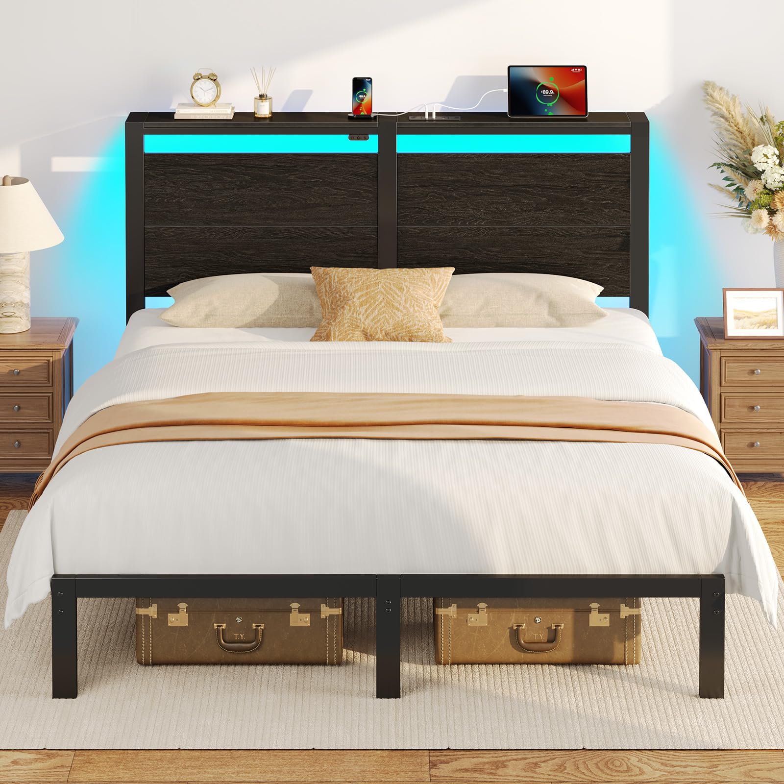 Rolanstar Queen Bed Frame with Headboard, Bed Frame Queen with LED Lights, Camas Queen Size Bed with Charging Station, Solid Met
