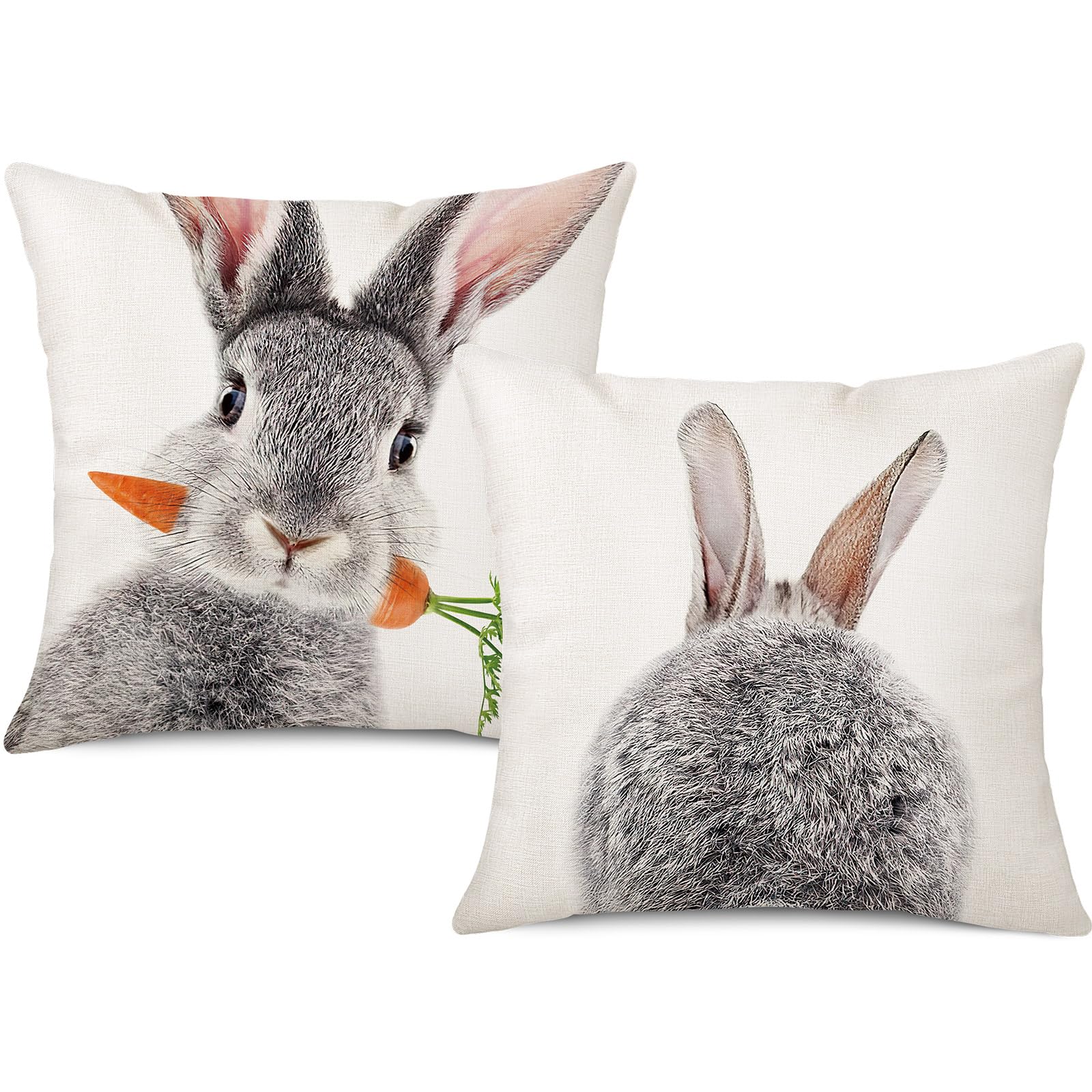 Coeufuedy Spring Easter Pillow Covers 18 X 18 Set Of 2 Cute Rabbit Bunny Tail Linen Easter Decorative Cushion Case For Sofa Couc