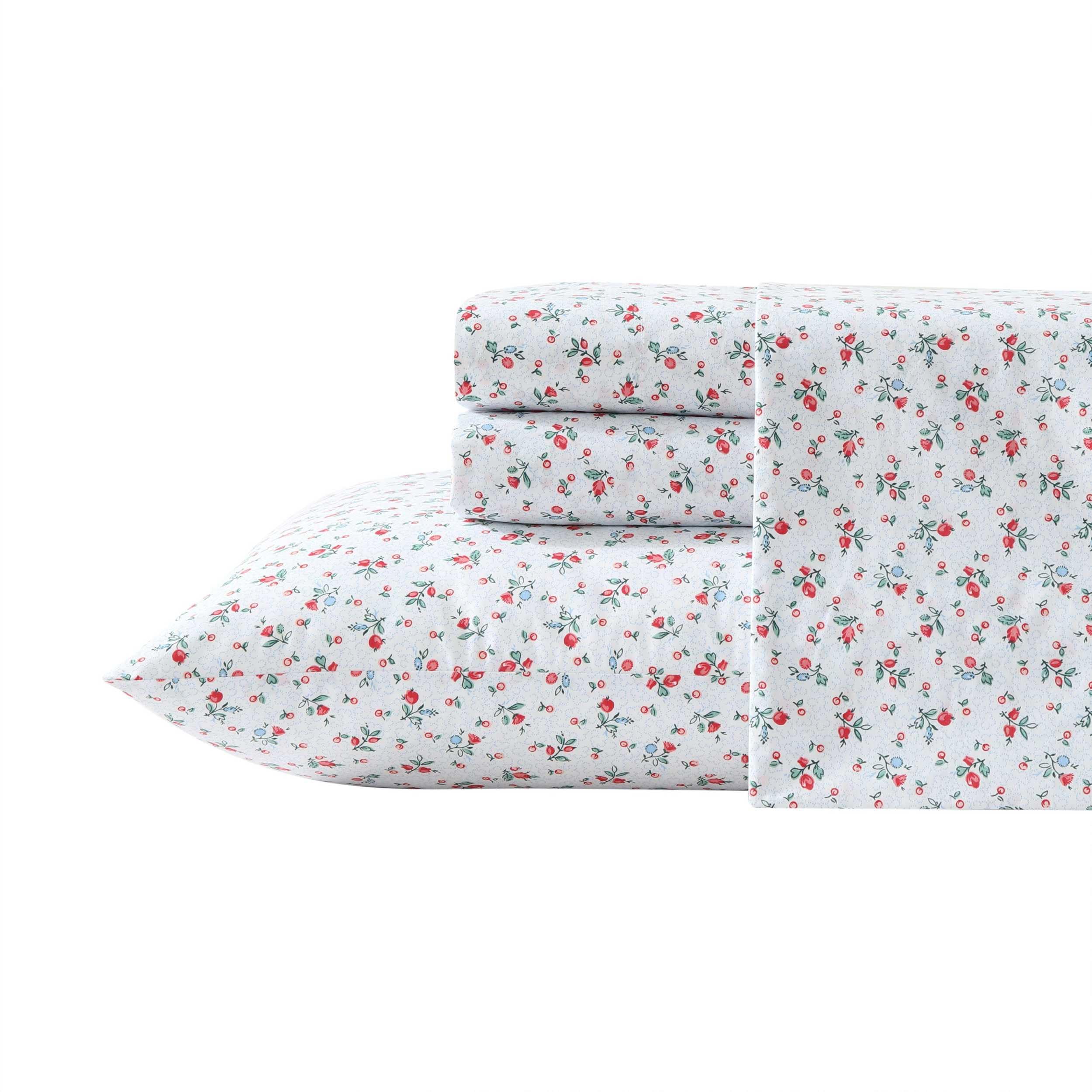 Laura Ashley - Twin Sheet Set, Super Soft Cotton Percale Bedding Set With Matching Sham, Oeko-Tex Certified (Aylesmore Ditsy Red