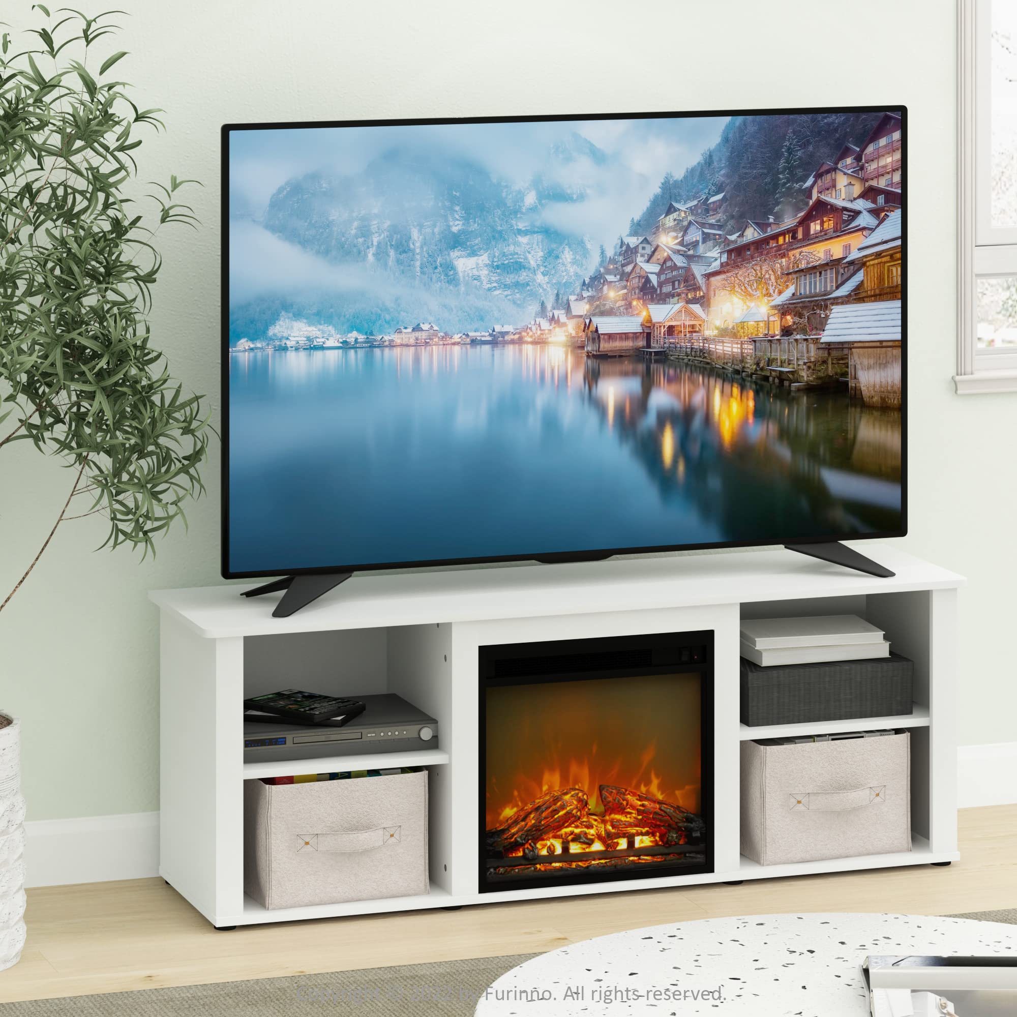 Furinno Classic 60 Inch TV Stand with Fireplace, Solid White