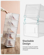 Songmics Shoe Boxes, Pack Of 12 Shoe Storage Organizers, Stackable Clear Plastic Boxes For Closet, Sneakers, 9.9 X 13.7 X 7.4 Inches, Fit Up To Us Size 13, Transparent And White Ulsp12Mwt