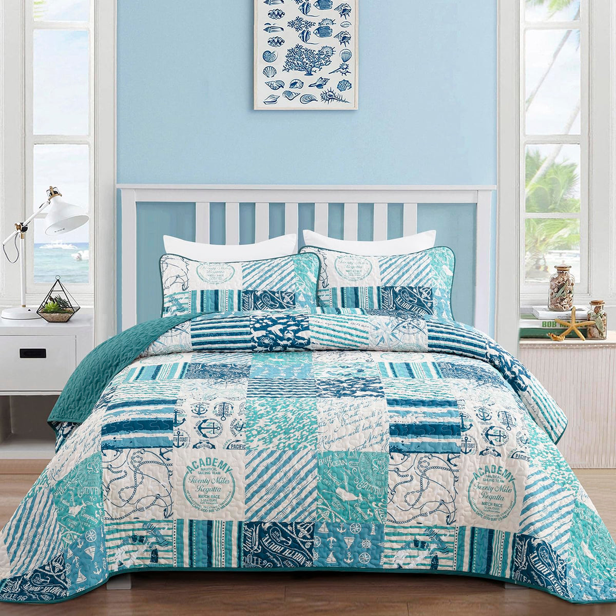 Dinjoy Summer Nautical Ocean Quilt Set Twin Size, Beige Blue Green Beach Coastal Themed Bedding Set Retro Anchor Sailboat Patter