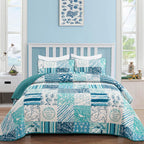 Dinjoy Summer Nautical Ocean Quilt Set Twin Size, Beige Blue Green Beach Coastal Themed Bedding Set Retro Anchor Sailboat Patter