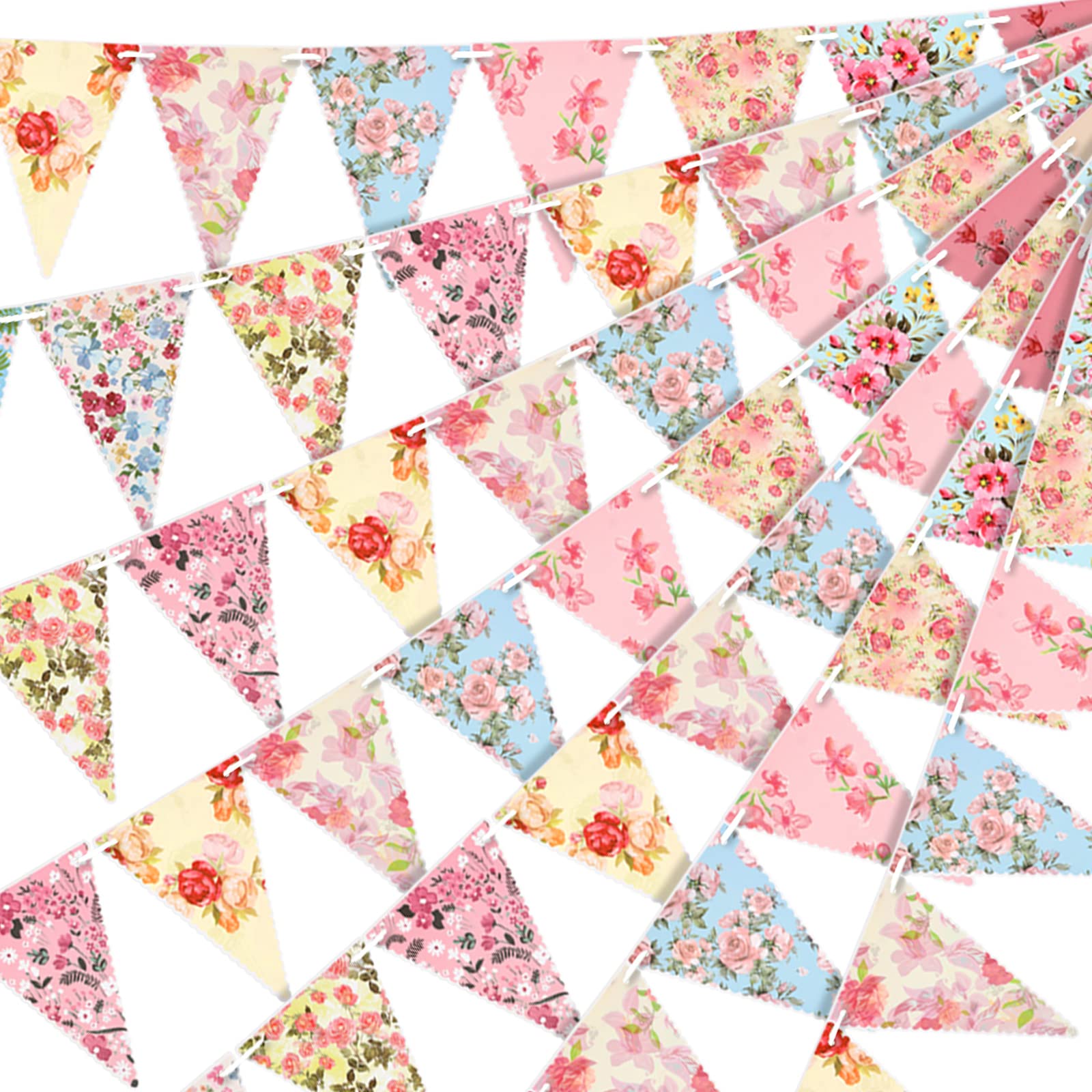 Funtery 5 Pcs Retro Bright Floral Paper Garland Chic Tea Party Decorations Wildflower Garland Floral Triangle Banner for Wedding