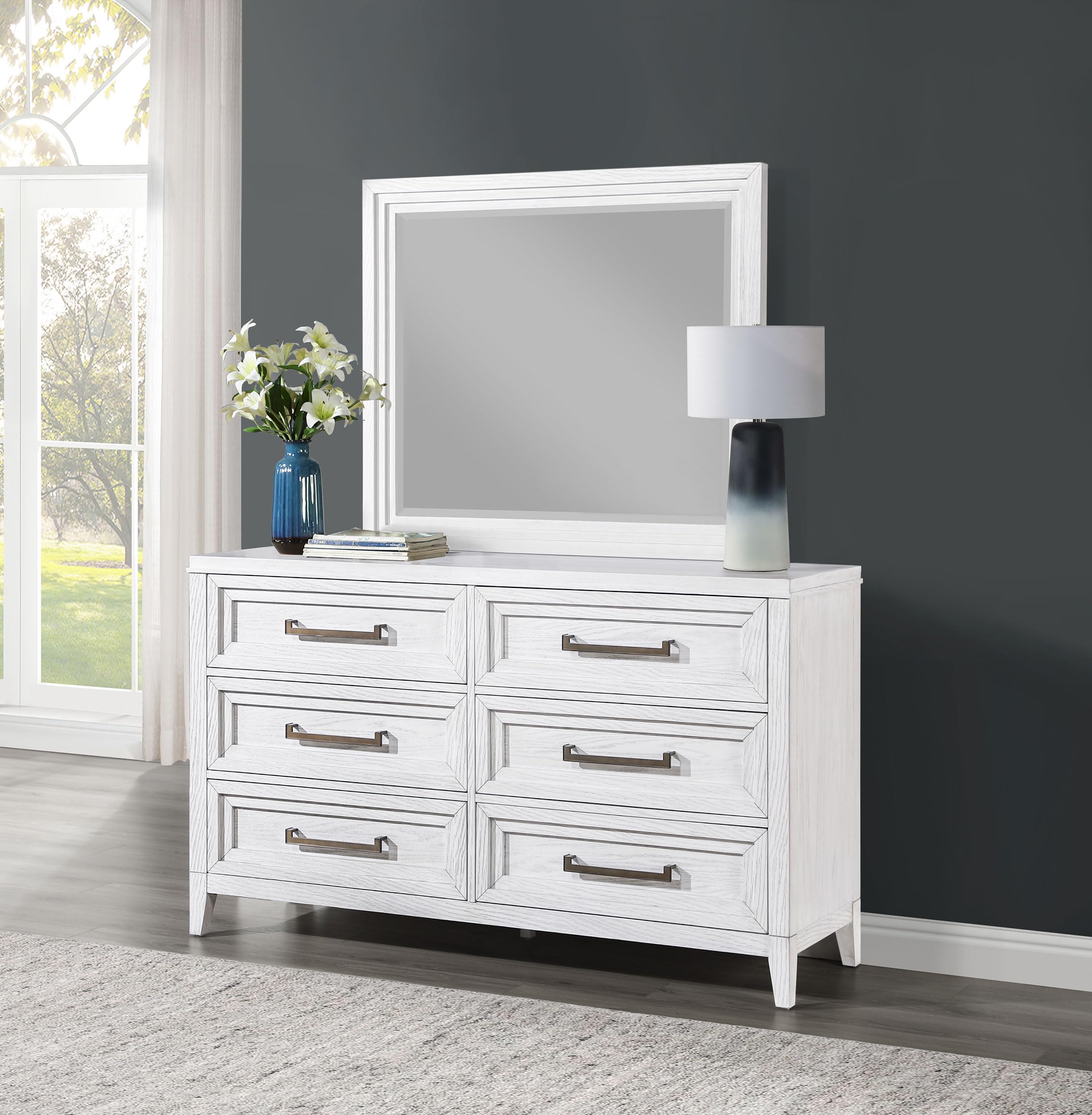 Coaster Home Furnishings Marielle Coastal 64-inch 6-Drawer Bedroom Dresser with Mirror Bedroom Clothing Storage Cabinet Wide Chest of Drawers Organizer Unit Distressed White 224843M
