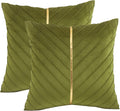 Tosleo Olive Green Velvet Throw Pillow Covers 22X22 Pack Of 2 With Gold Leather,Decorative Couch Pillowcases Luxury Modern Pillo