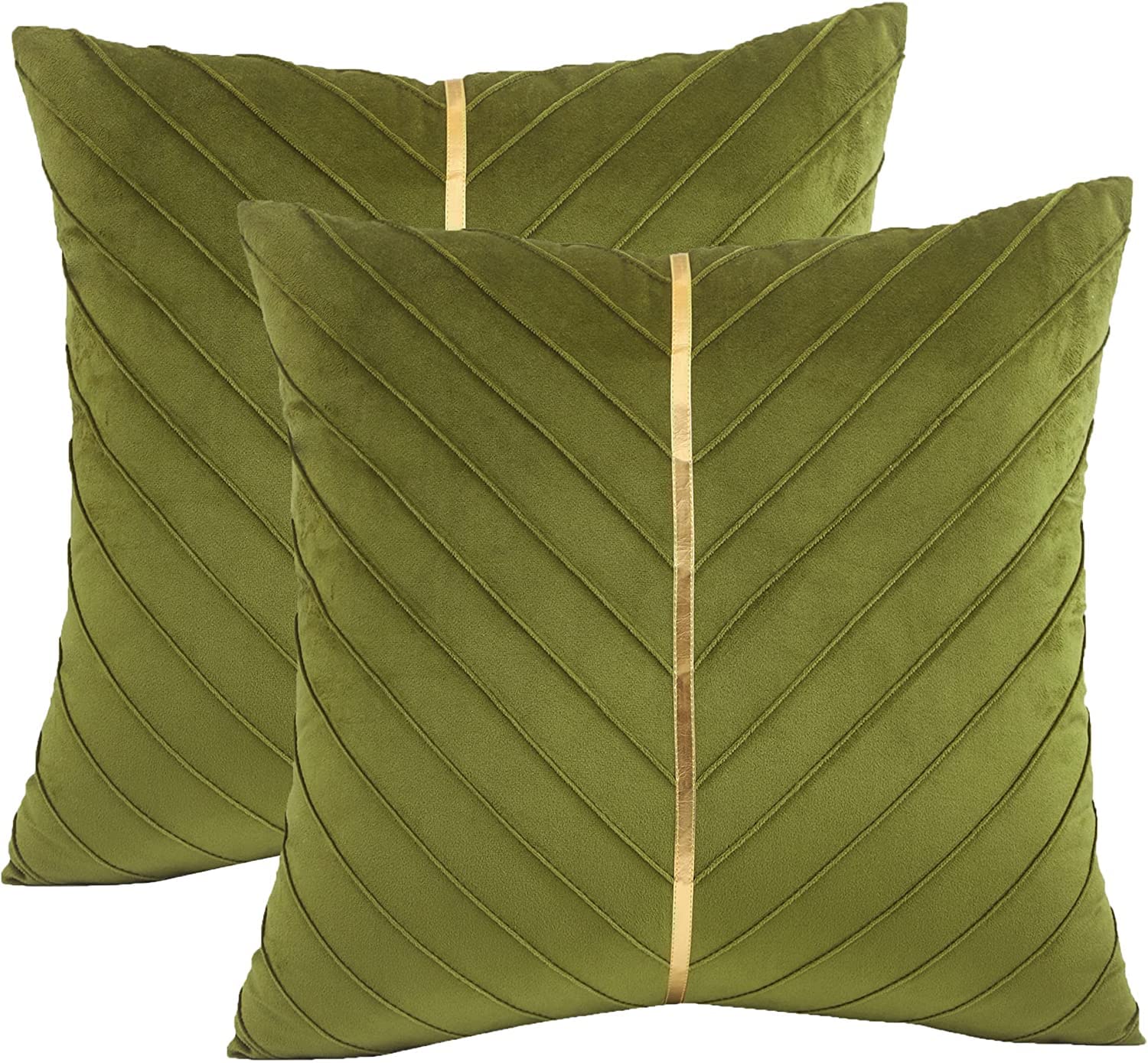 Tosleo Olive Green Velvet Throw Pillow Covers 22X22 Pack Of 2 With Gold Leather,Decorative Couch Pillowcases Luxury Modern Pillo