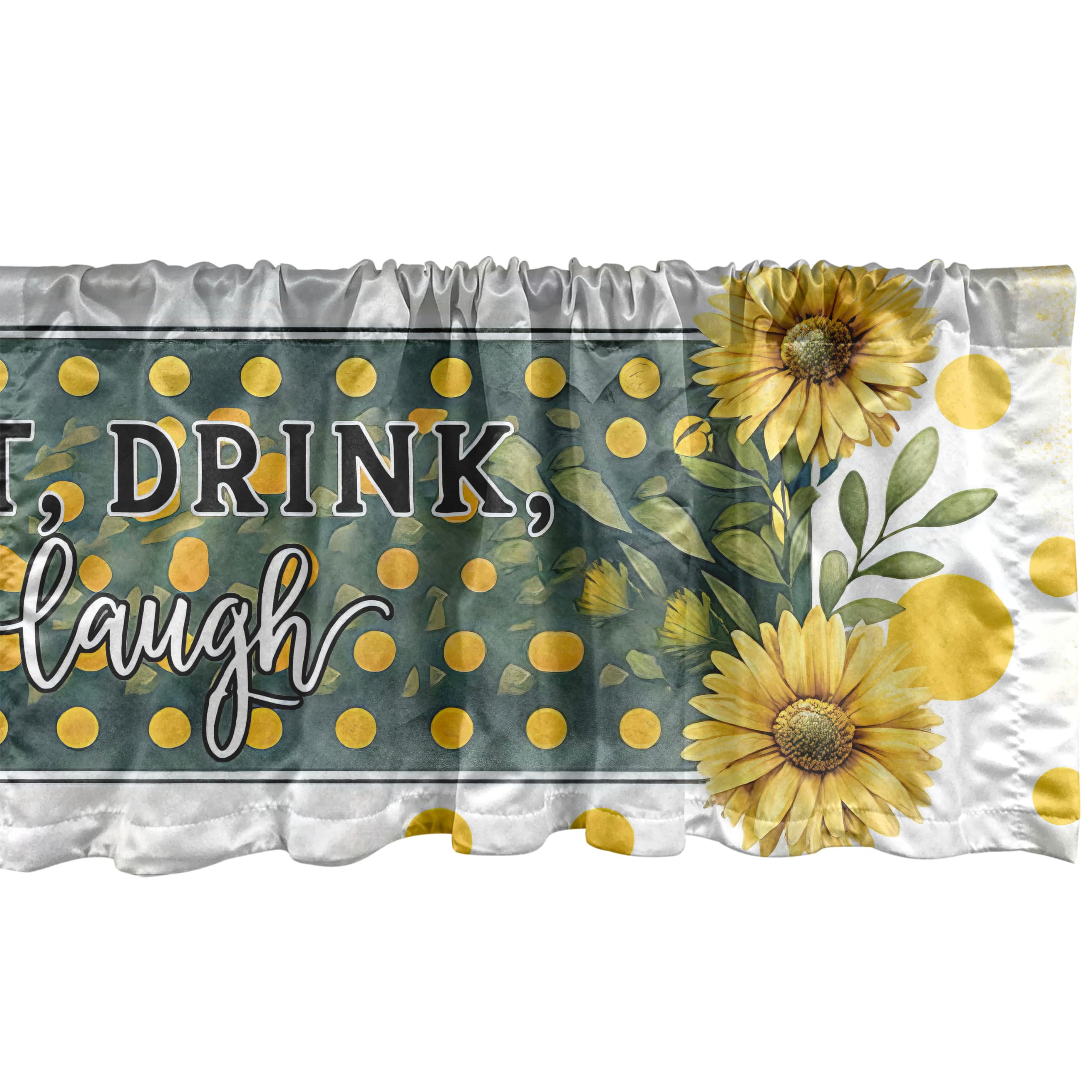 Ambesonne Eat Drink Laugh Window Valance Pack Of 2, Farmhouse Art Sunflower With Orangish Dots And Leaves Greenery, Rod Pocket Curtain Valances Kitchen Bedroom, 54' X 18',Mustard And Hunter Green