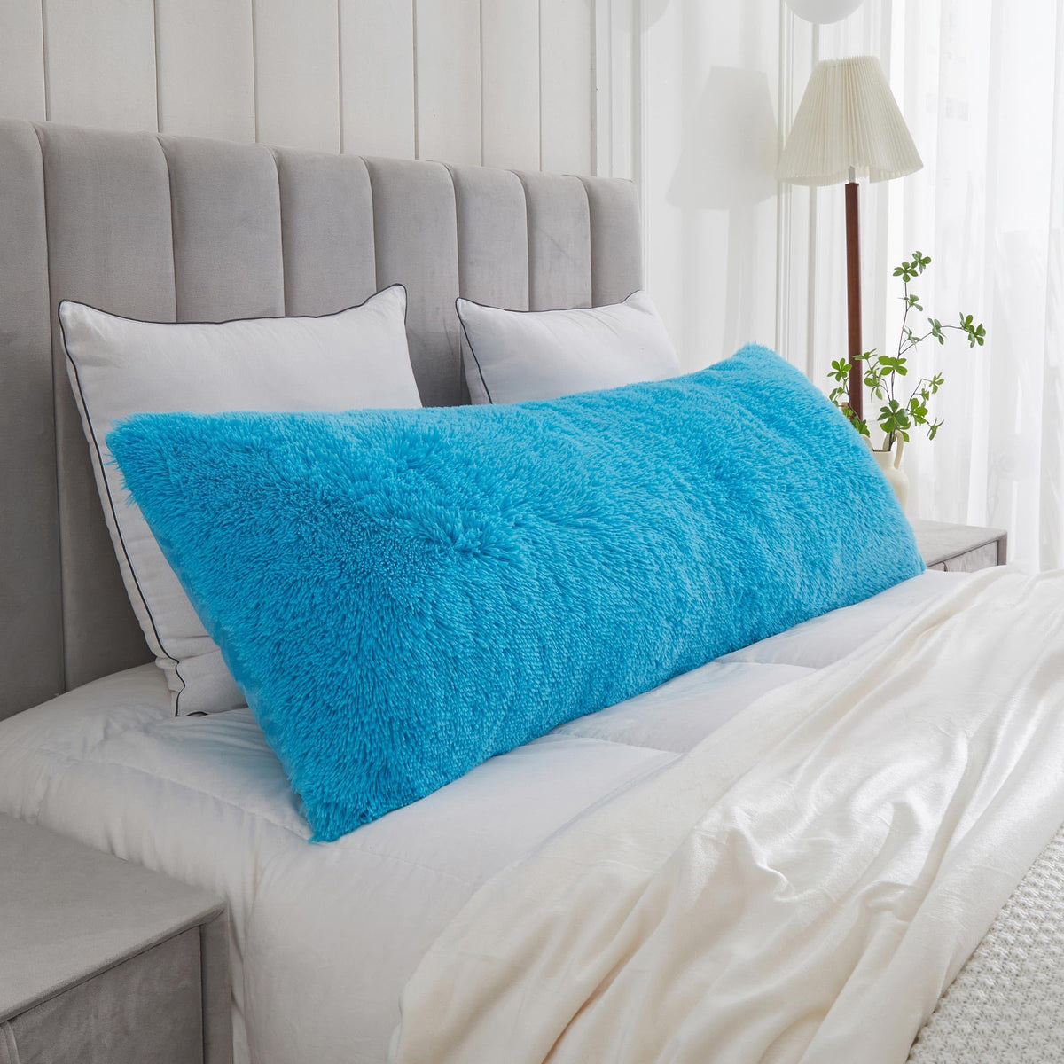 Liferevo Blue Fuzzy Faux Fur Body Pillow Cover,Body Pillow Cases For Adults 20'X54' Zipper,Luxury Shaggy Body Pillowsham For P