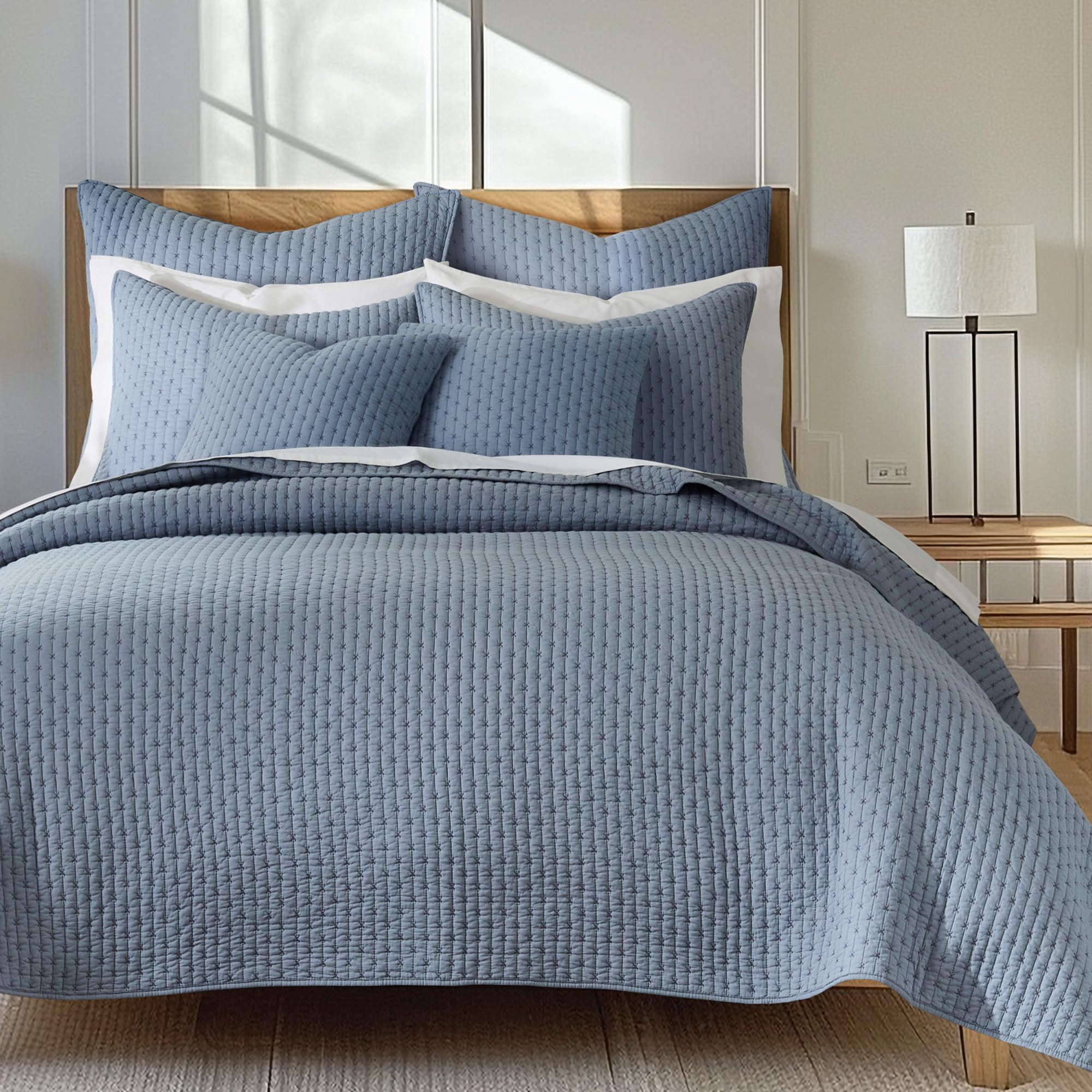 Levtex Home - Cross Stitch Chambray Quilt Set - King Quilt + Two King Pillow Shams - Cross Stitched Pattern - Quilt Size (106X92