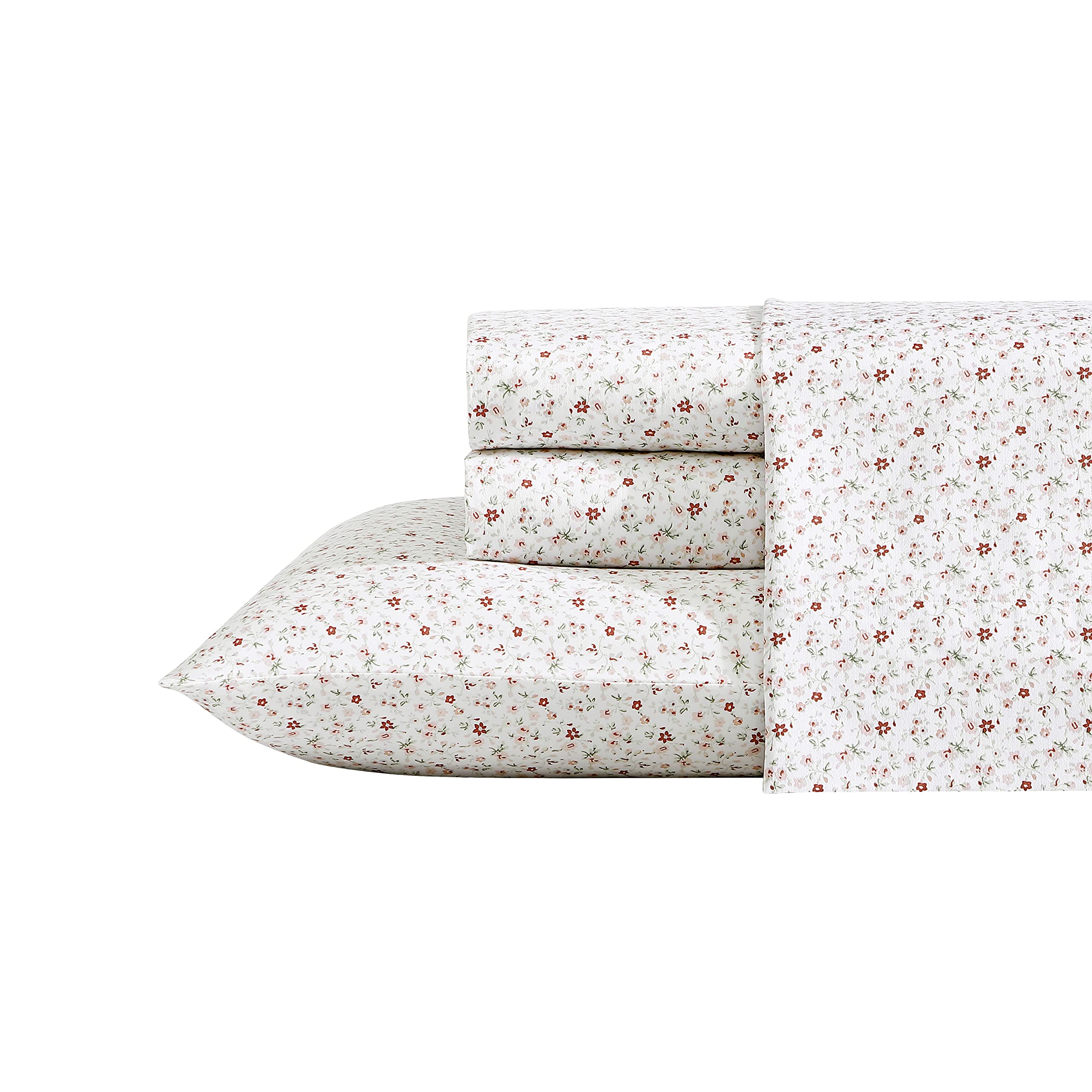 Laura Ashley Home - King Sheets, Soft Sateen Cotton Bedding Set - Sleek, Smooth, & Breathable Home Decor, Evie Coral/Pink