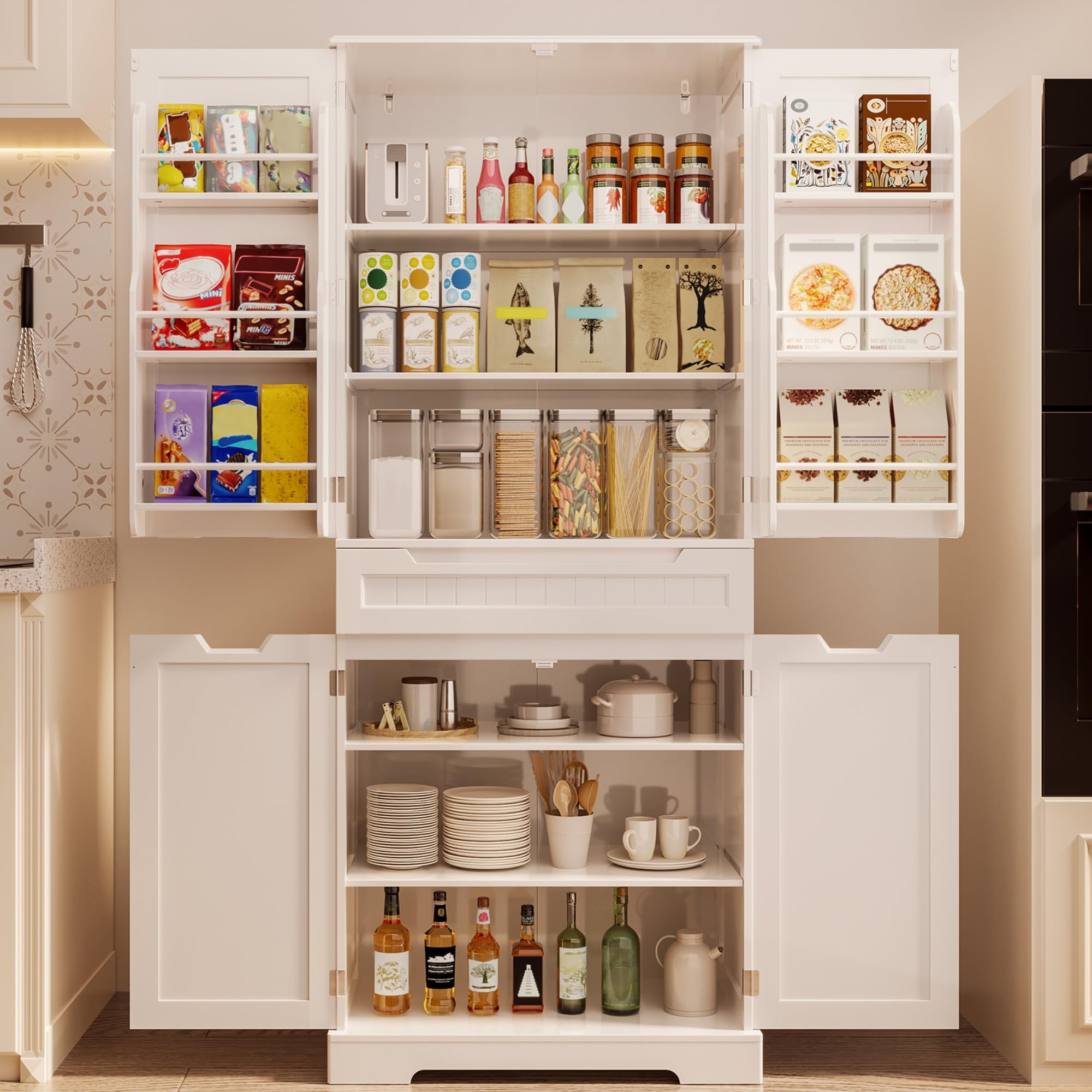 Gizoon 71' Tall Kitchen Pantry Cabinet With Doors And Shelves Large Stand Up Pantry Storage Cabinet With Drawer Large Food Cupboard Storage Cabinet For Kitchen Bathroom Craft Room, White