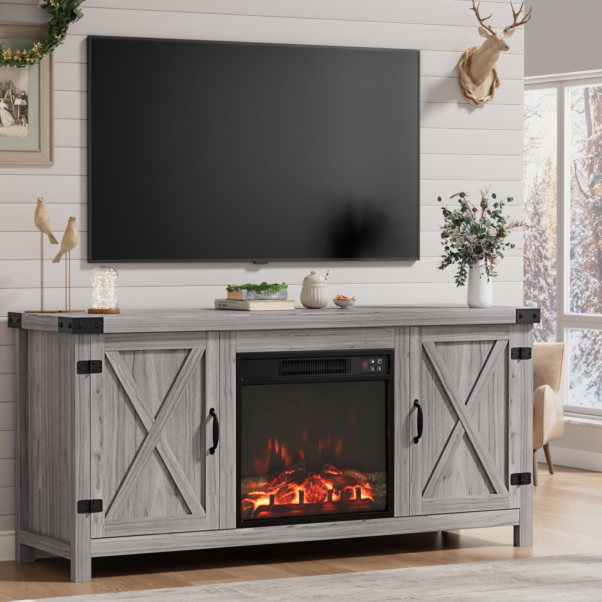 Furmax Fireplace TV Stand for Up to 65 Inches TVs, Farmhouse Entertainment Center with Grooved Barn Doors, Rustic Media Console 
