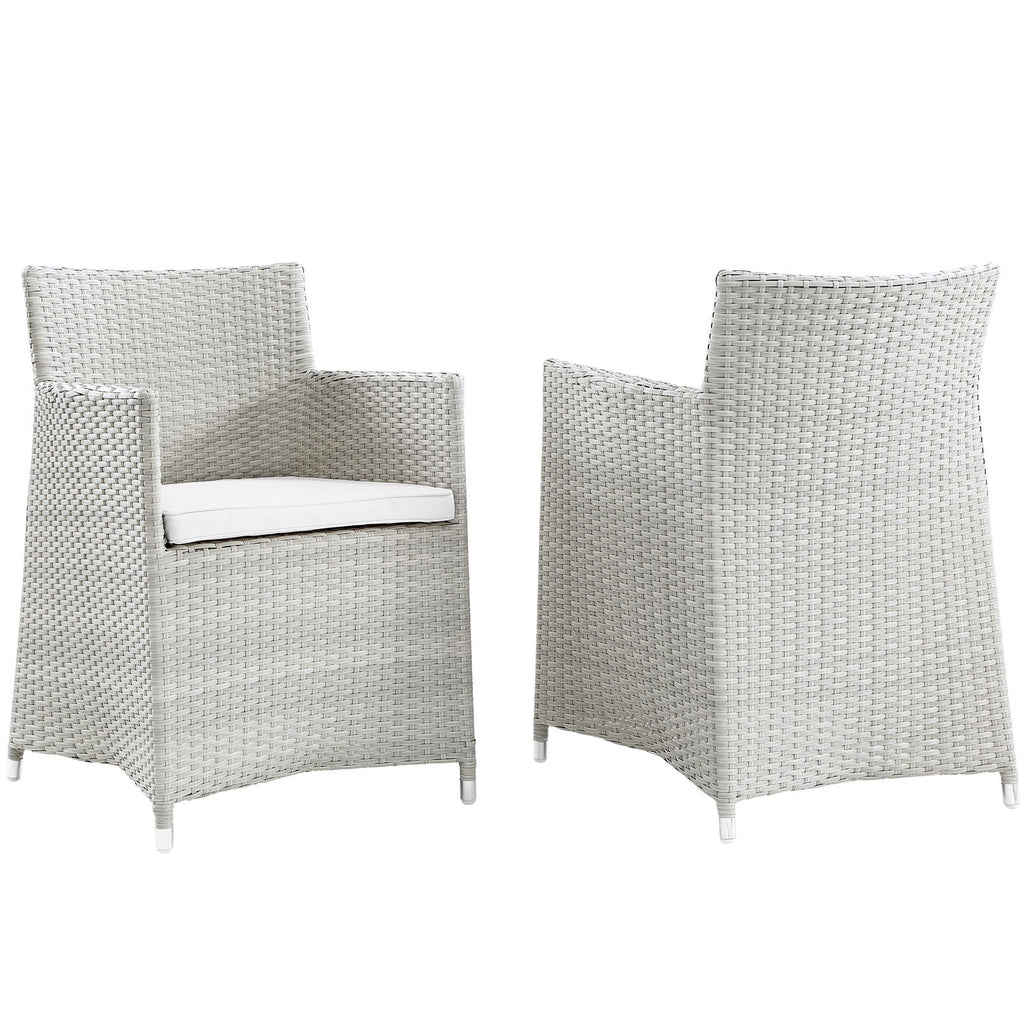 Modway Junction Wicker Rattan Outdoor Patio Two Dining Arm Chairs With Cushions In Gray White