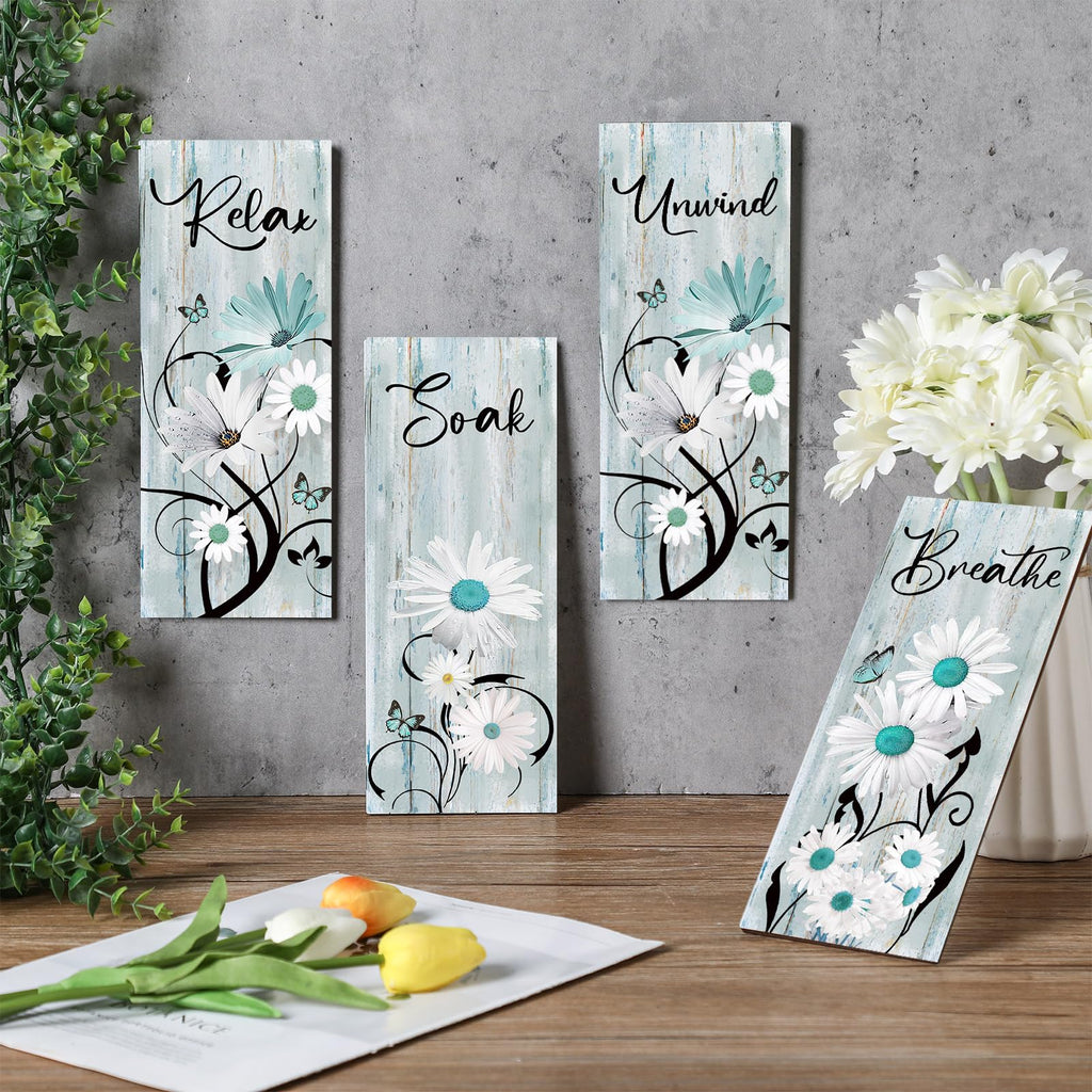 4 Pieces Teal Daisy Floral Bathroom Wood Wall Decor Teal Relax Soak Unwind Breathe Flower Wall Rustic Farm Sign Turquoise Blue D