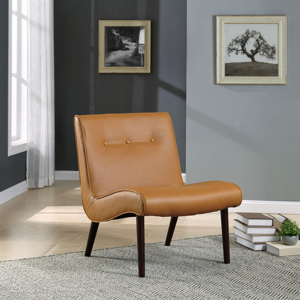 New Pacific Direct Alexis Tufted Mid Mod Bonded Leather Chair,Brown Legs,Vintage Caramel Brown,Fully Assembled
