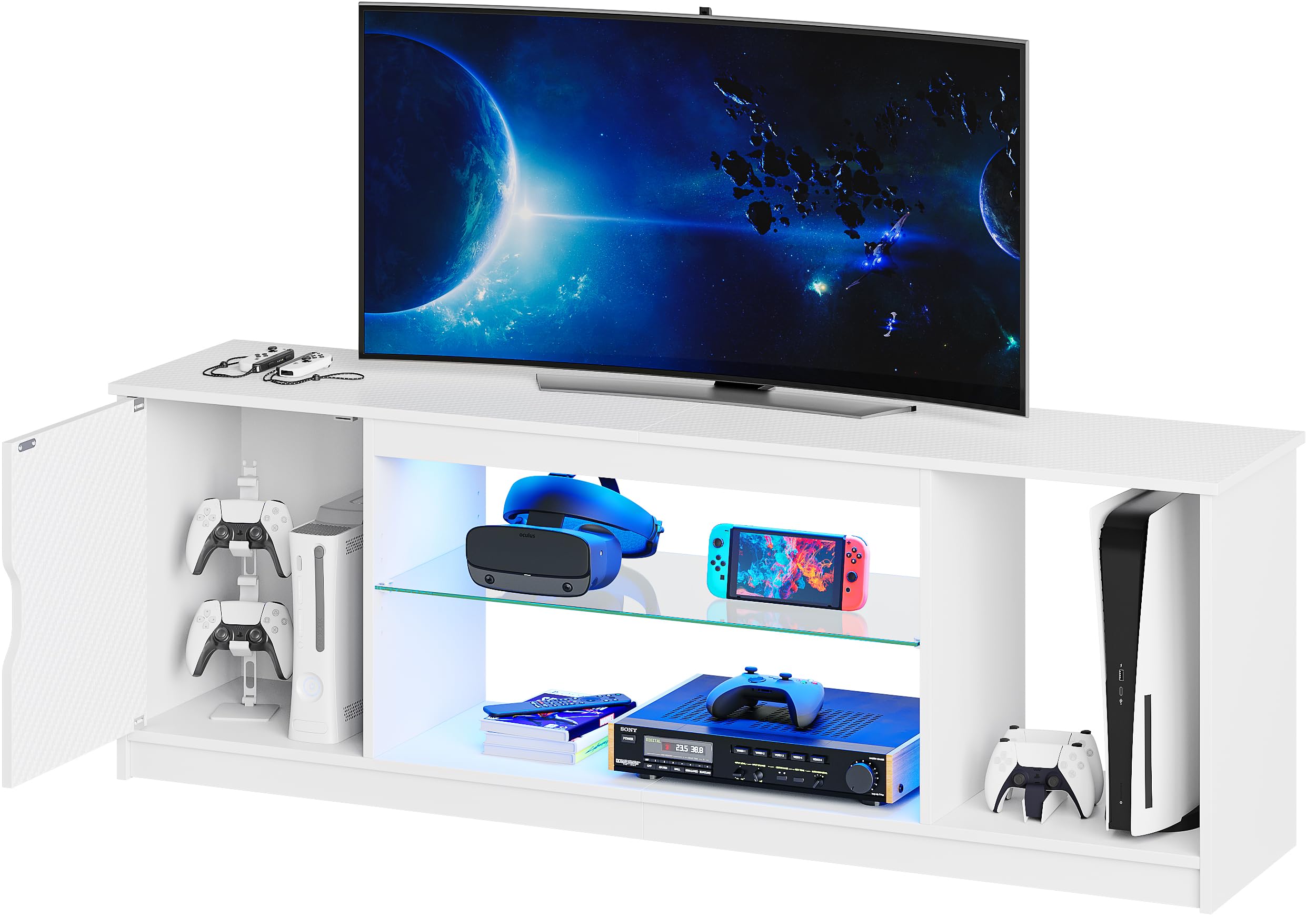 Bestier Gaming TV Stand with Removable Glass Shelves for 55/60/65 Inch TV,Led Entertainment Center & 22 Dynamic RGB Modes for PS