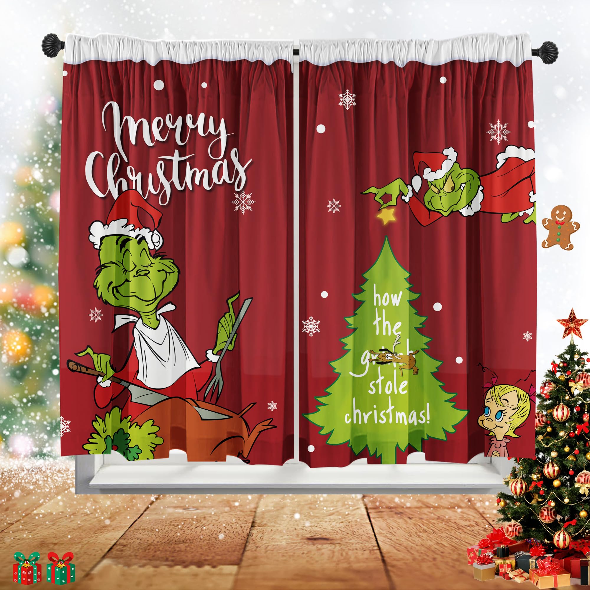 Cuteiush Christmas Curtains How Stole Christmas Curtains Tree Snowflake Xmas Christmas Holiday 2 Panels Set 26 W x 45 L Red2