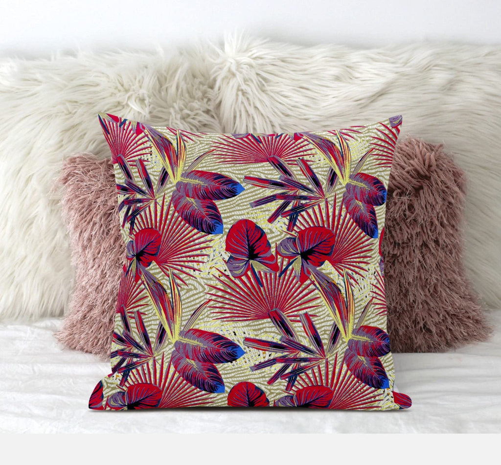 HomeRoots Aqua Red 18â€ Pink Yellow Tropical Zippered Suede Throw Pillow