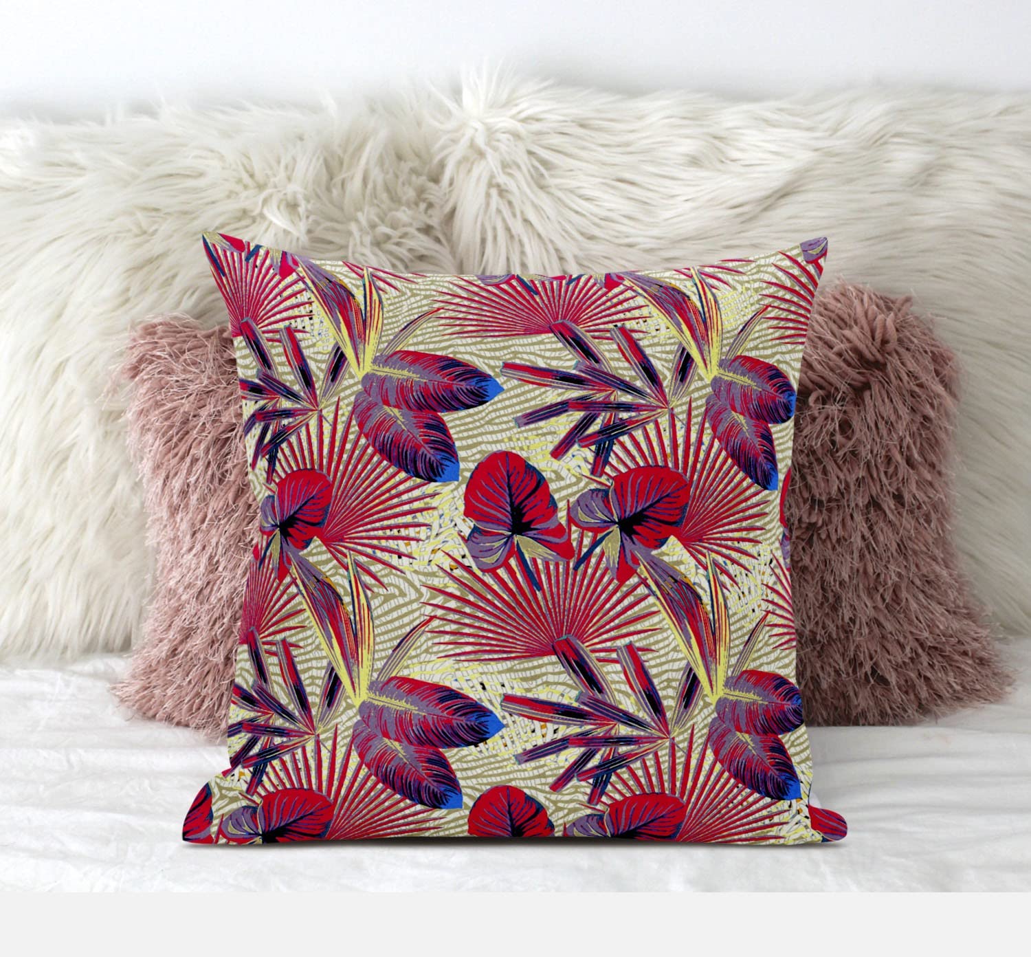 HomeRoots Aqua Red 18â€ Pink Yellow Tropical Zippered Suede Throw Pillow