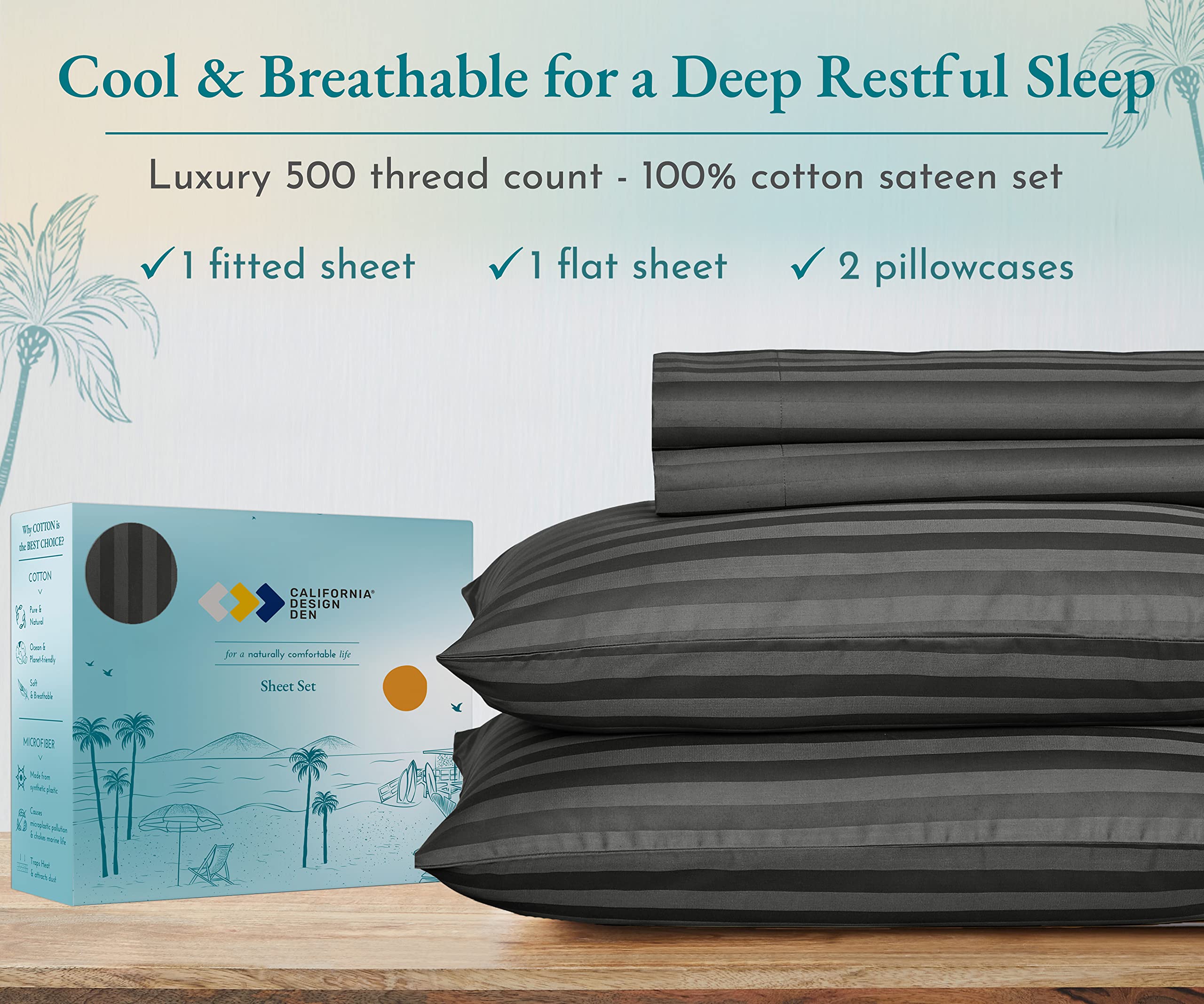 California Design Den - Cotton Sheets For King Size Bed Soft 100% Cotton Cooling Sheets Deep Pockets Snug Fit Elastic, 500 Thread Count, 4-Pc, Hotel Quality, Damask Stripe Bedsheet Set (Grey)