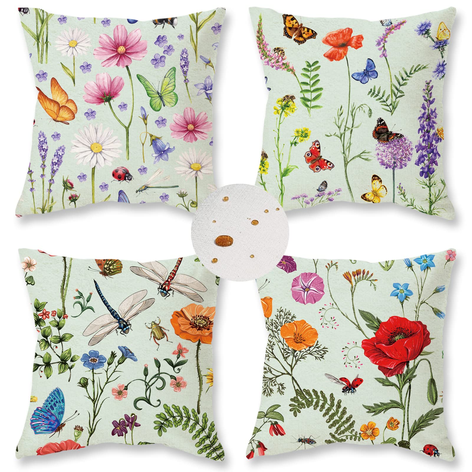 Onway Outdoor Waterproof Spring Summer Pillow Covers 18X18 Inch Set Of 4 Floral Farmhouse Throw Pillows Green Decorative Cushion