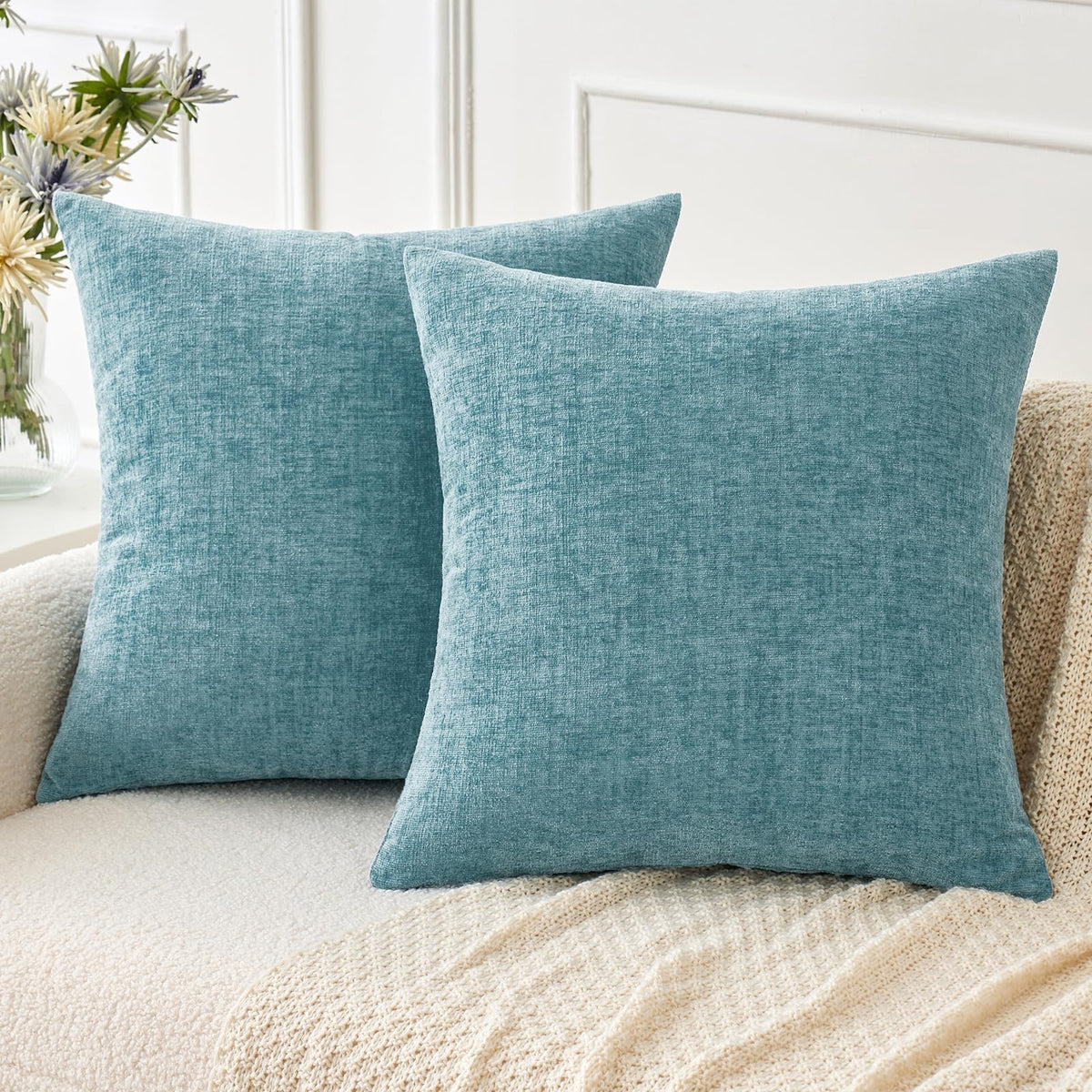 Miulee Pack Of 2 Smoke Blue Throw Pillow Covers 16X16 Inch Soft Chenille Pillow Covers For Sofa Living Room Couch Solid Dyed Cas
