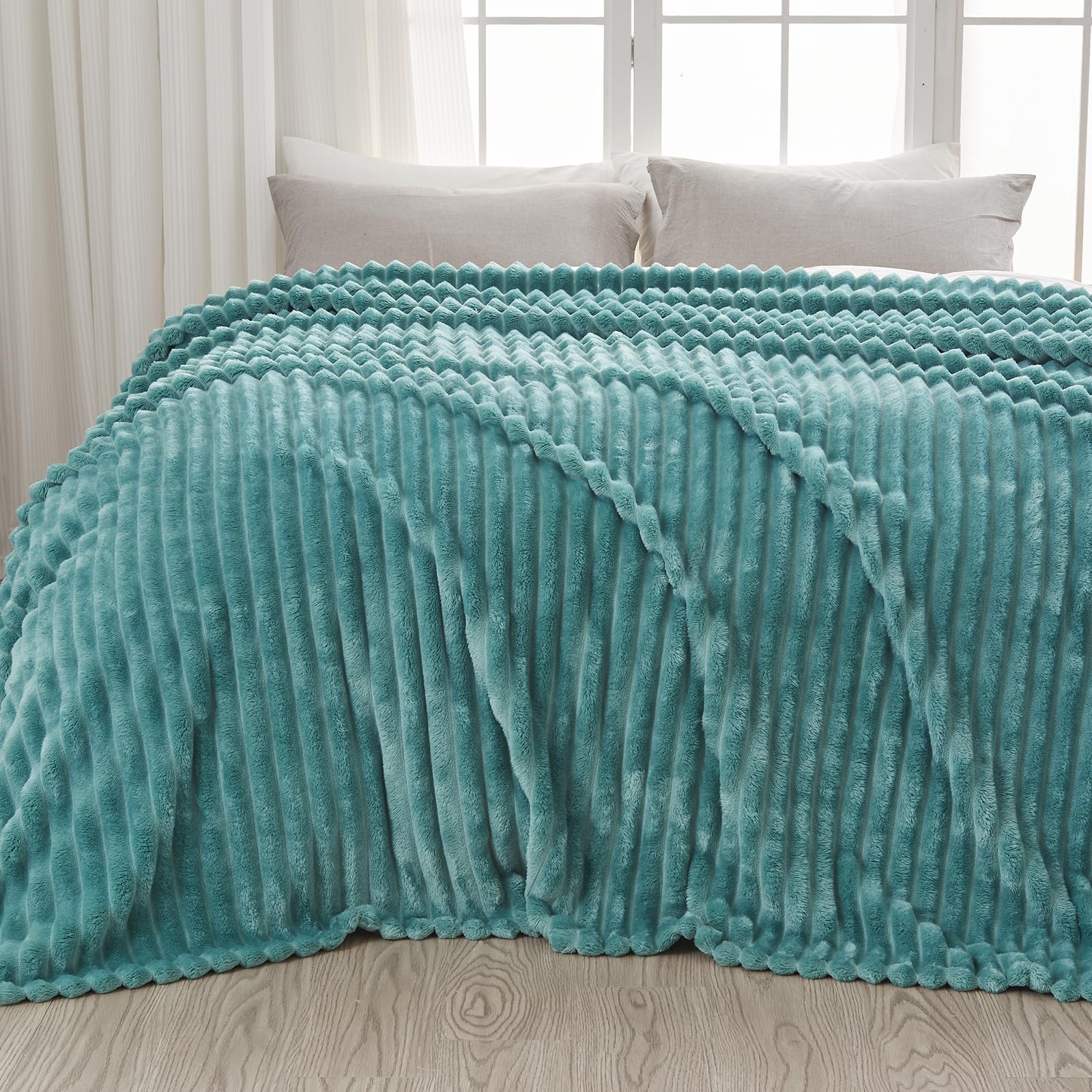 Newcosplay Super Soft Queen Blanket Light Teal Premium Silky Flannel Fleece 3D Ribbed Jacquard Lightweight Bed Blanket All Seaso