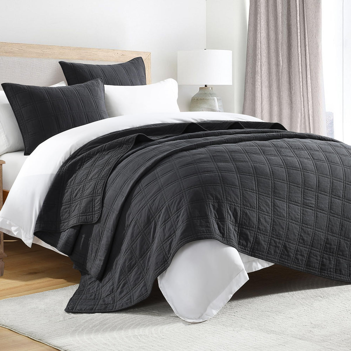 Horimote Home 100% Cotton Quilt Set Twin Size, Charcoal Pre-Washed Bedspreads Coverlet Set In Geometric Pattern, Cozy Lightweigh