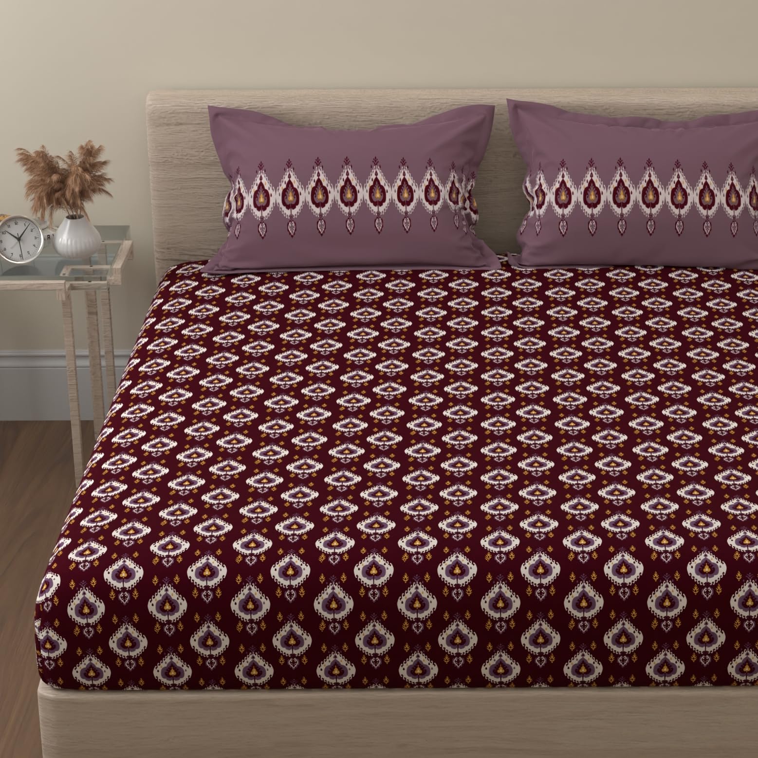 Huesland By Ahmedabad Cotton 144 Tc Cotton Bedsheet For Double Bed King Size With 2 Pillow Covers | Magenta & White