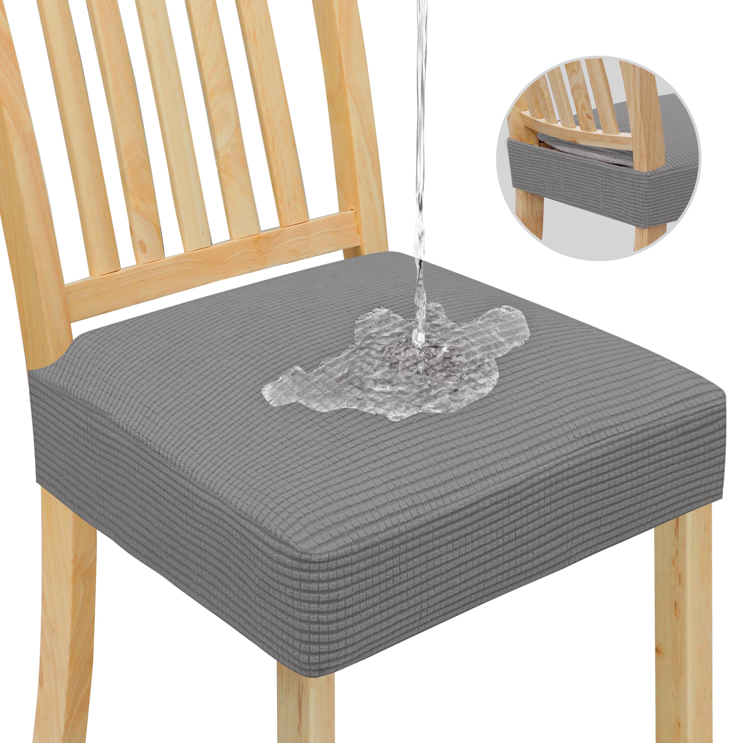 Easy-Going 100% Waterproof Seat Covers For Dining Room Chairs, Stretch Jacquard Chair Seat Slipcovers Removable And Washable Kitchen Dining Chair Covers (Set Of 4, Light Gray)