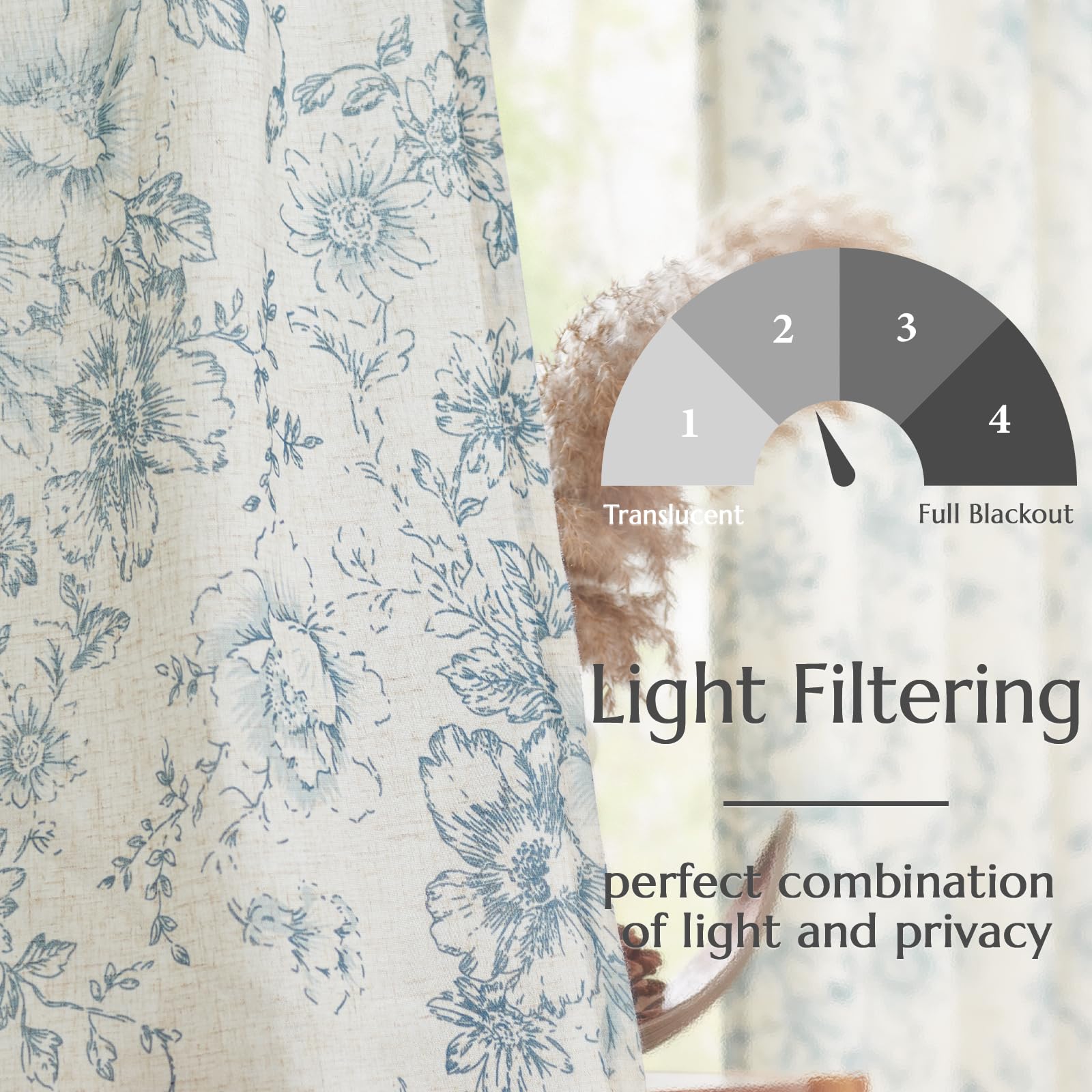 Jinchan Linen Blend Curtains Floral Curtains For Living Room 45 Inch Length Blue Printed Curtains Rod Pocket Back Tab Farmhouse Peony Flower Patterned Drapes Bedroom Window Curtain Set 2 Panels