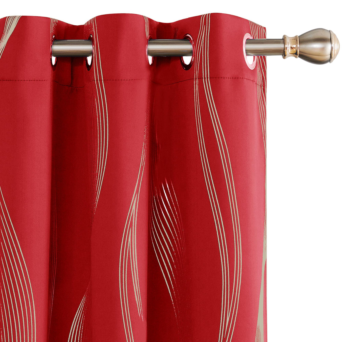 Deconovo Golden Foil Print Wave Striped Blackout Curtains, Curtains For Living Room, 42X95 Inch, 2 Panels, True Red