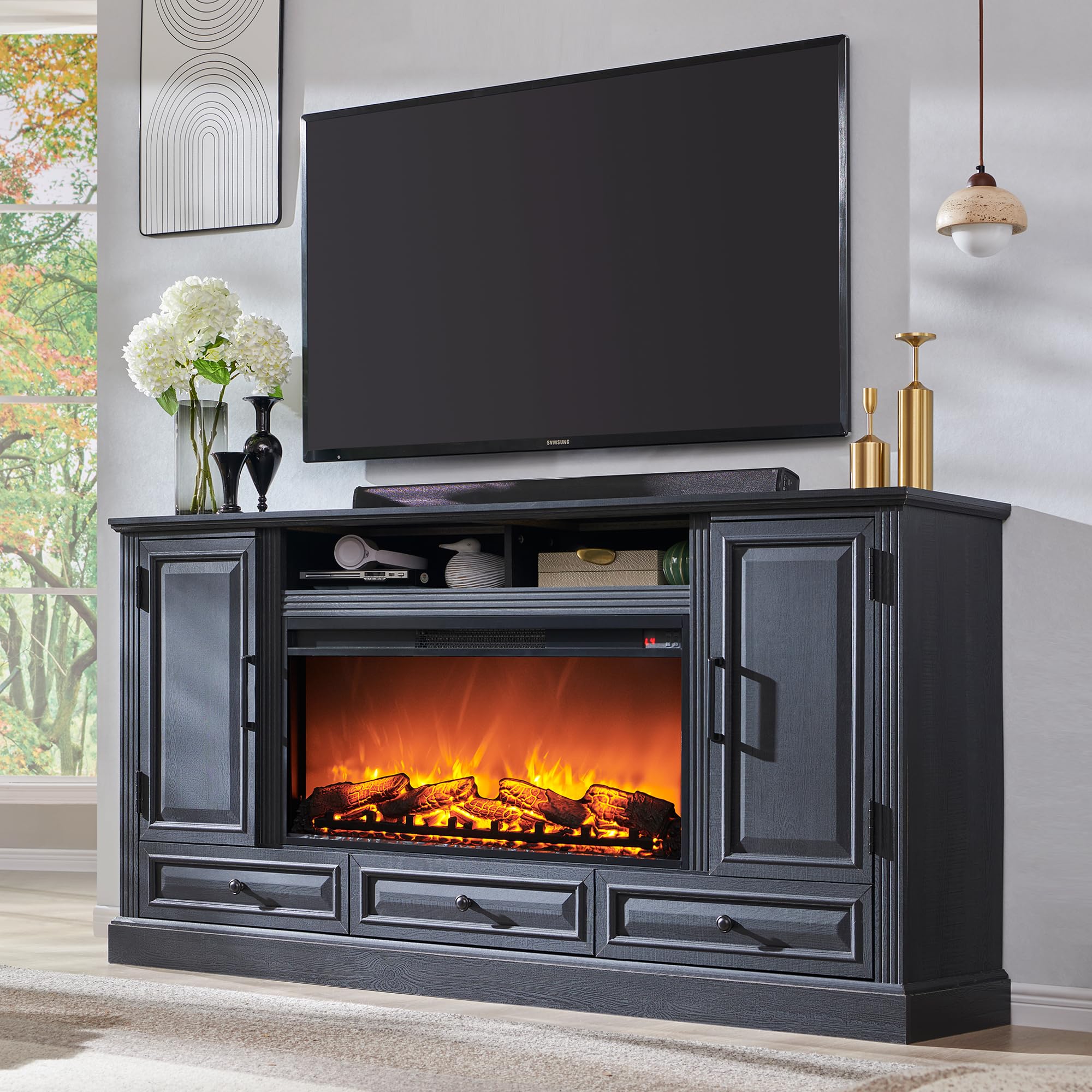 ACCOHOHO Fireplace TV Stand for 80 Inch TV, 35.7  Tall Farmhouse Entertainment Center W/36   Electric Fireplace, Media Console