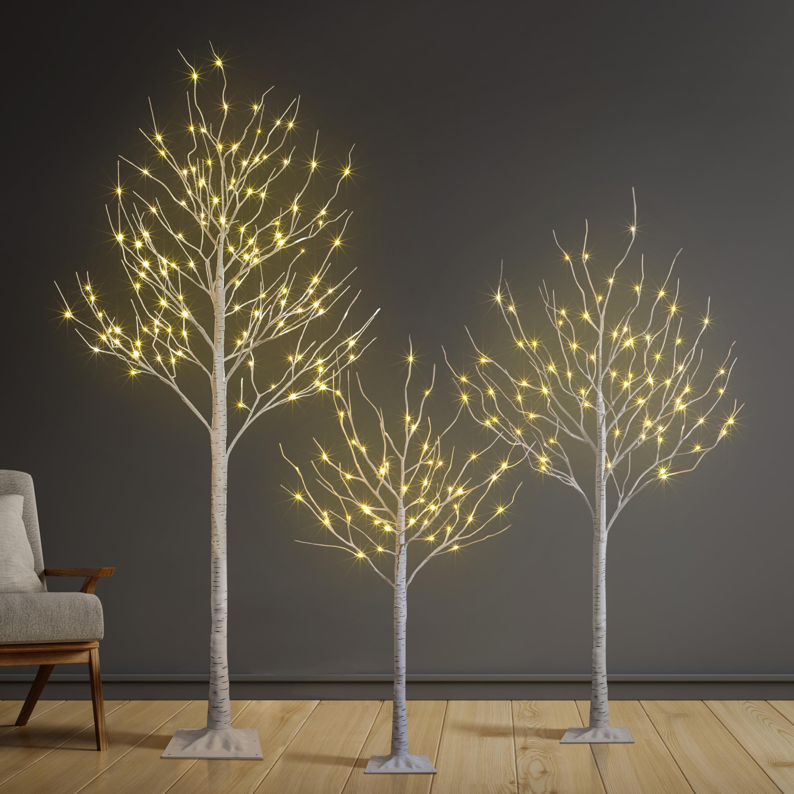 Set of 3 Lighted Birch Tree 4FT 6FT and 8FT LED Artificial Tree for Decoration Inside and Outside, Home Patio Wedding Festival C