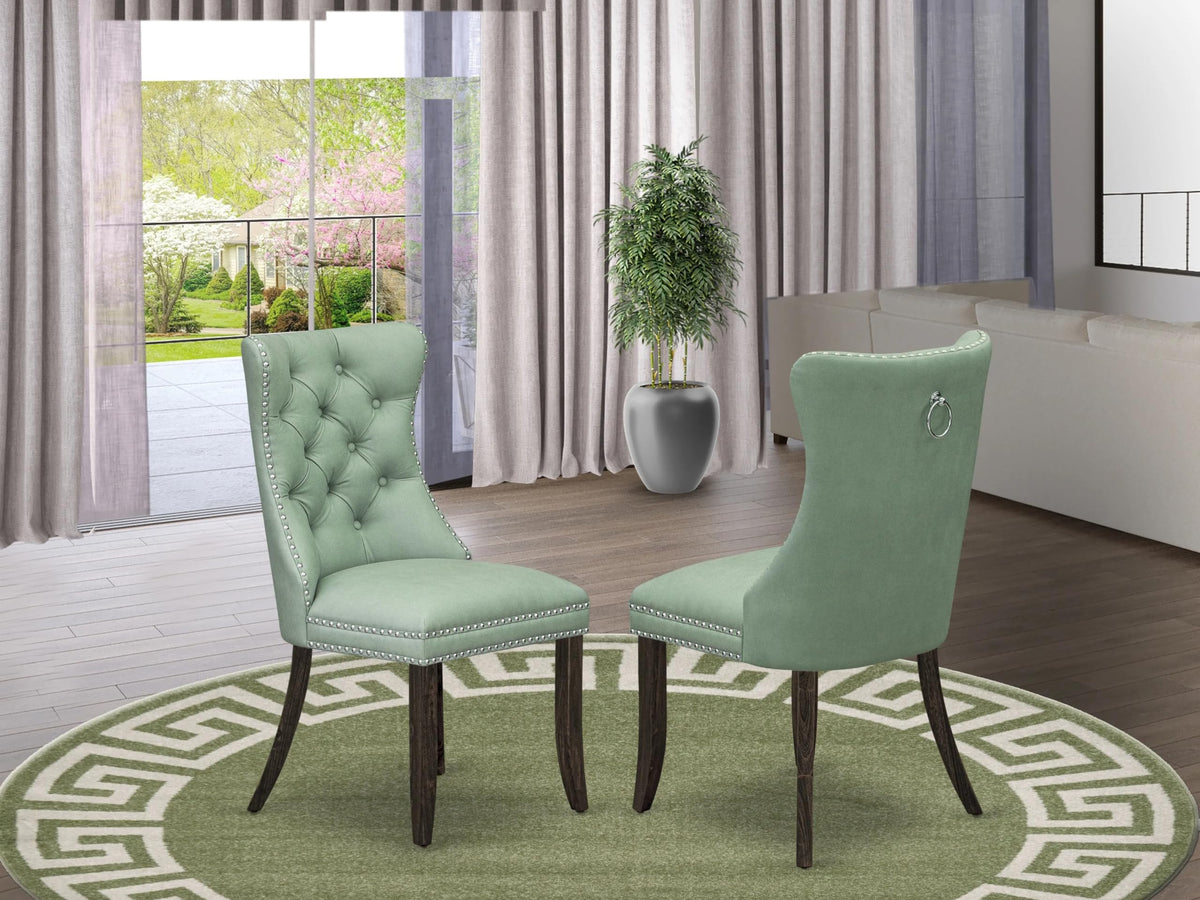 East West Furniture Dap7F22 Dallas Parsons Dining Chairs - Button Tufted Nailhead Willow Green Polyester Fabric Padded Chairs, Set Of 2, Distressed Jacobean
