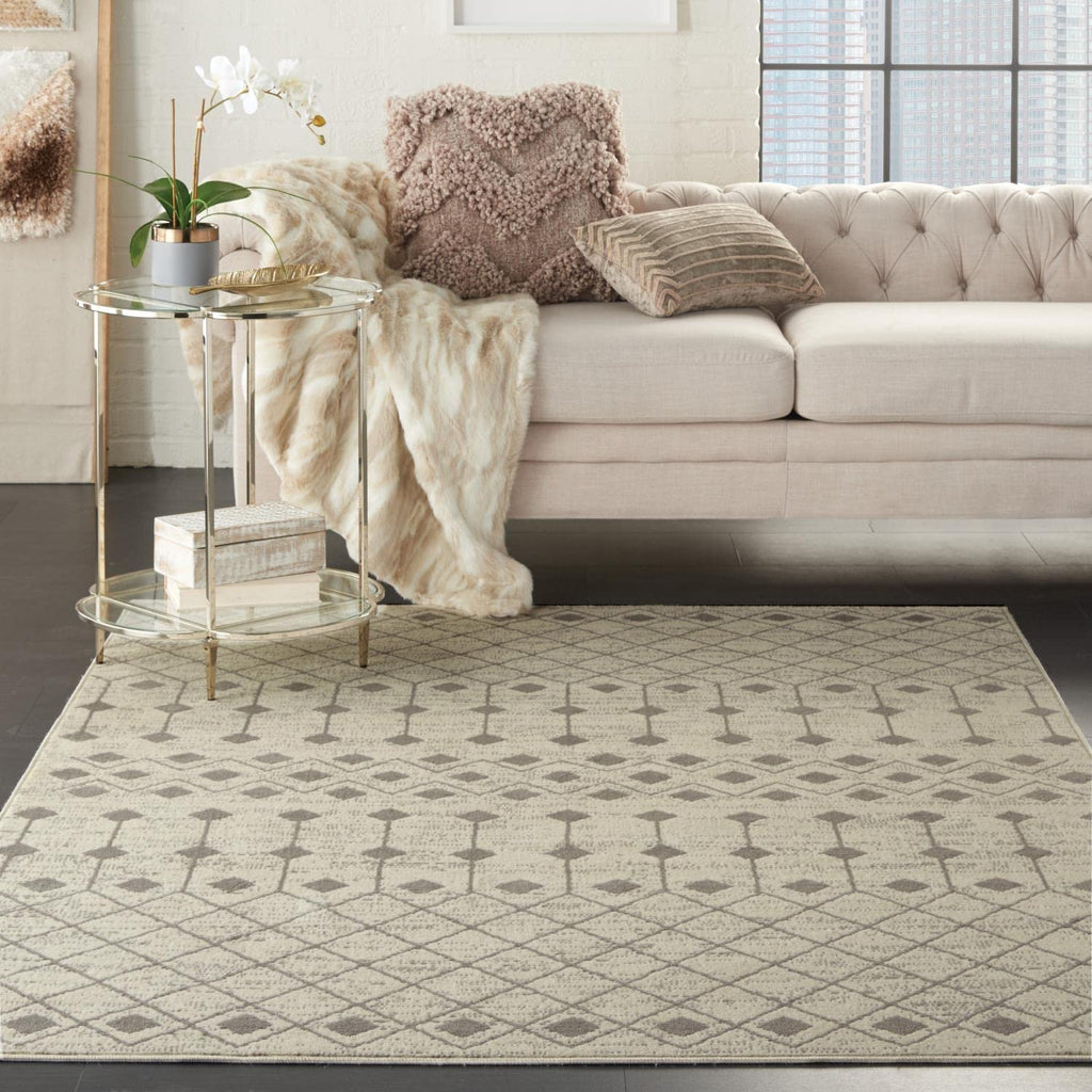 Nourison Grafix Moroccan Ivory/Grey 7'10' X 9'10' Area Rug, Easy Cleaning, Non Shedding, Bed Room, Living Room, Dining Room, K