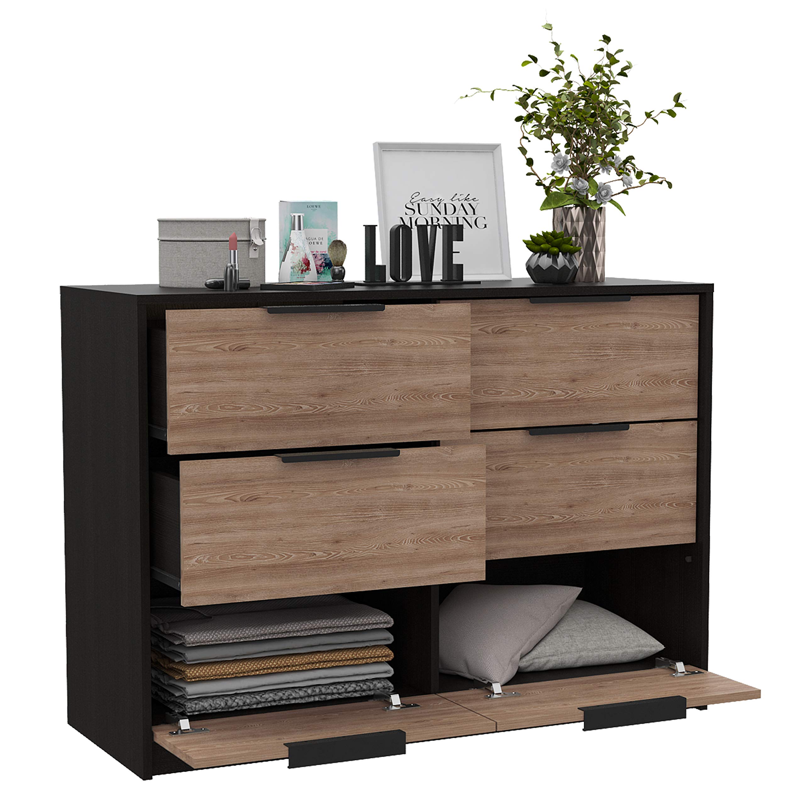 Egeo 4 Dresser with 4 Drawers and 2 Cabinets, Black / Pine