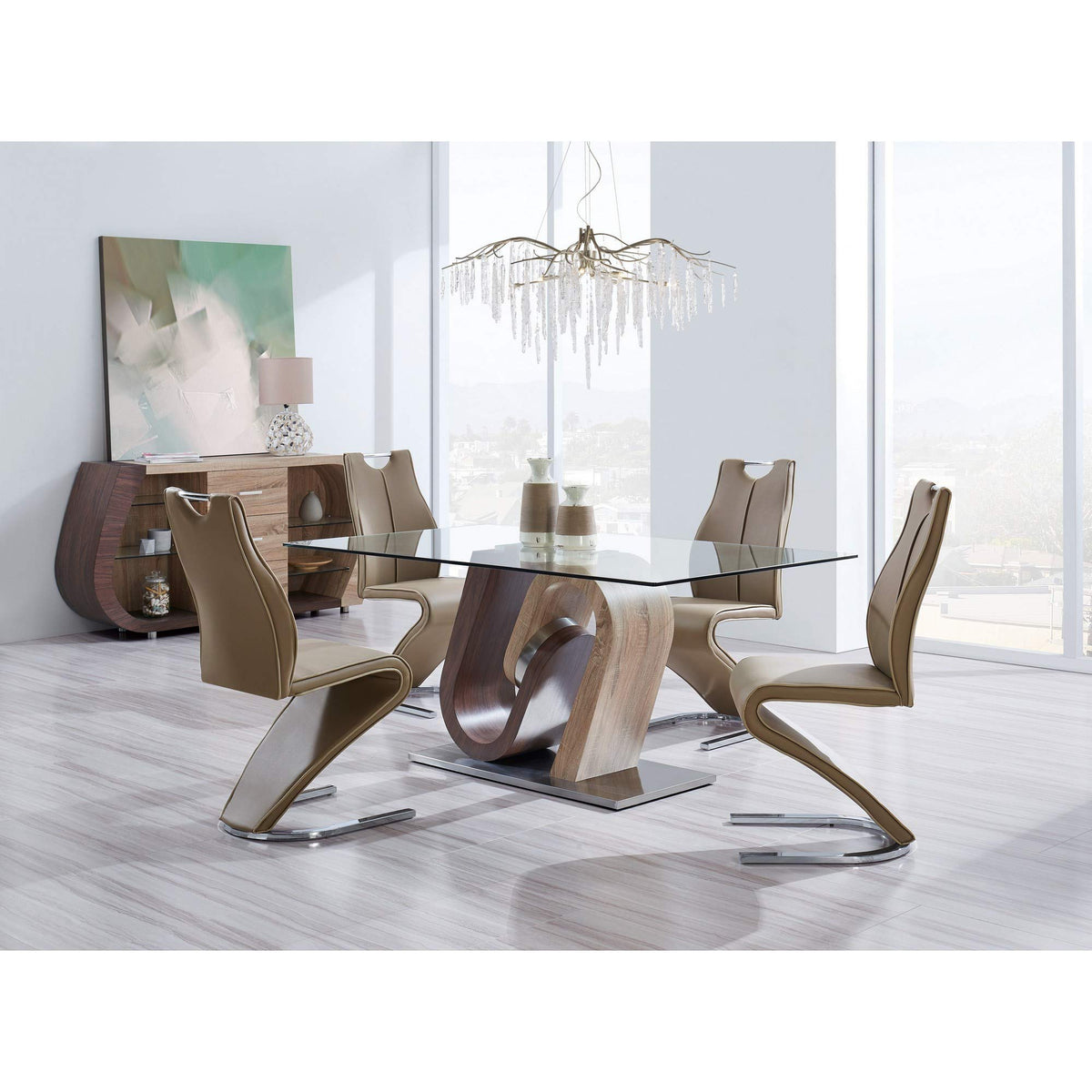 HomeRoots Oak and Walnut Two Toned Geometrical Base with Glass Top Dining Table