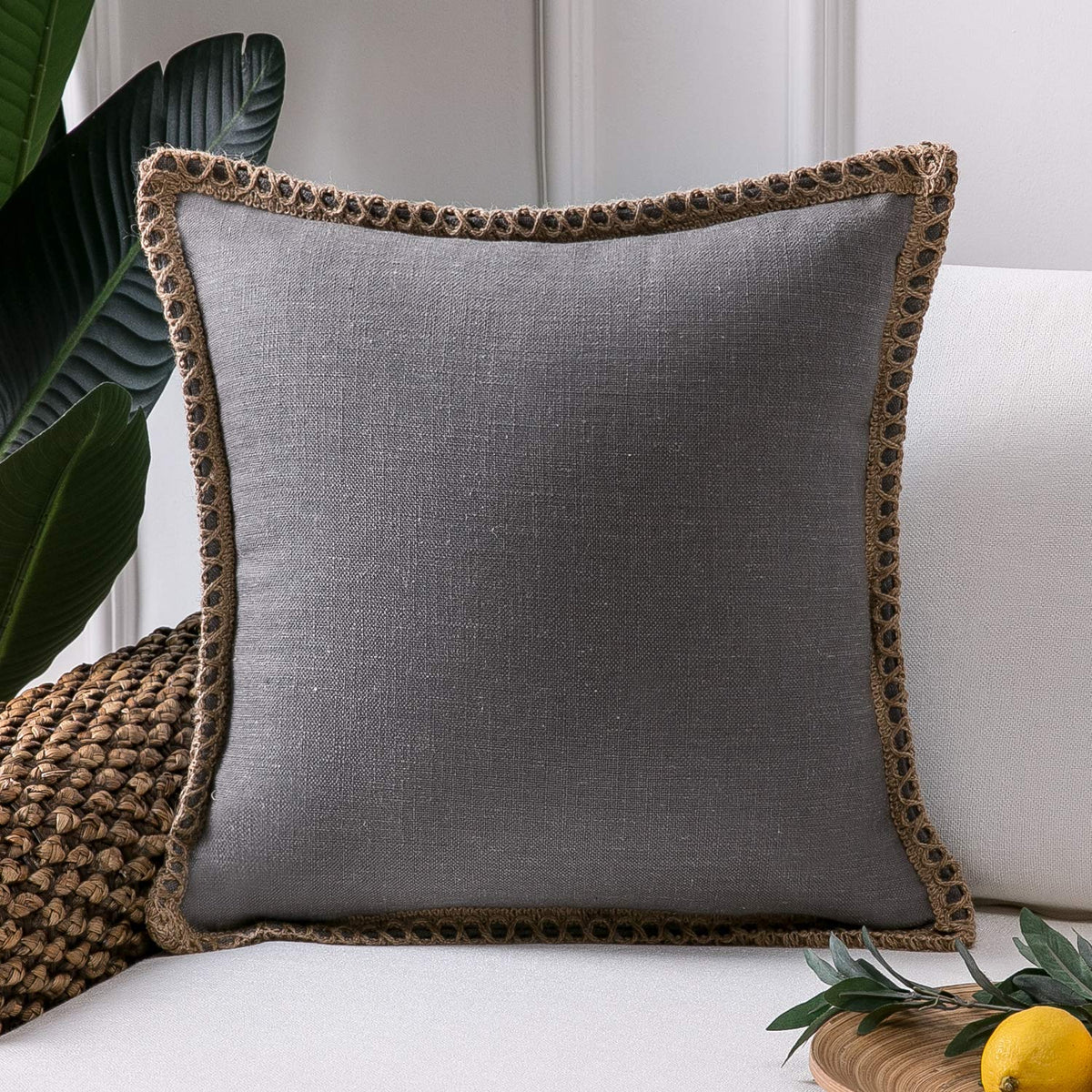 Phantoscope Farmhouse Solid Throw Decorative Pillow Cover Burlap Linen Trimmed Tailored Edges Outdoor Pillow Grey 20 X 20 Inches