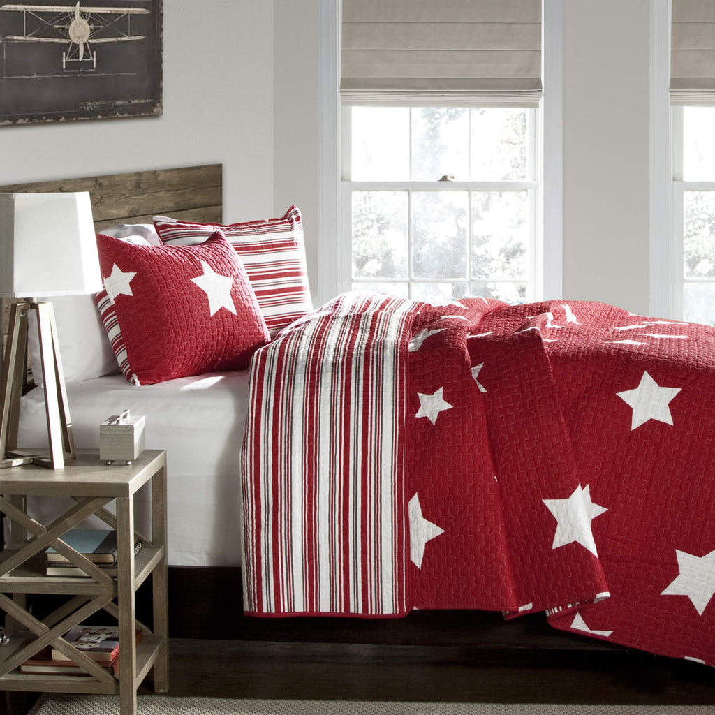 Lush Decor Star Quilt - Reversible 2 Piece Pattern Striped Bedding Set With Pillow Sham - Twin - Red